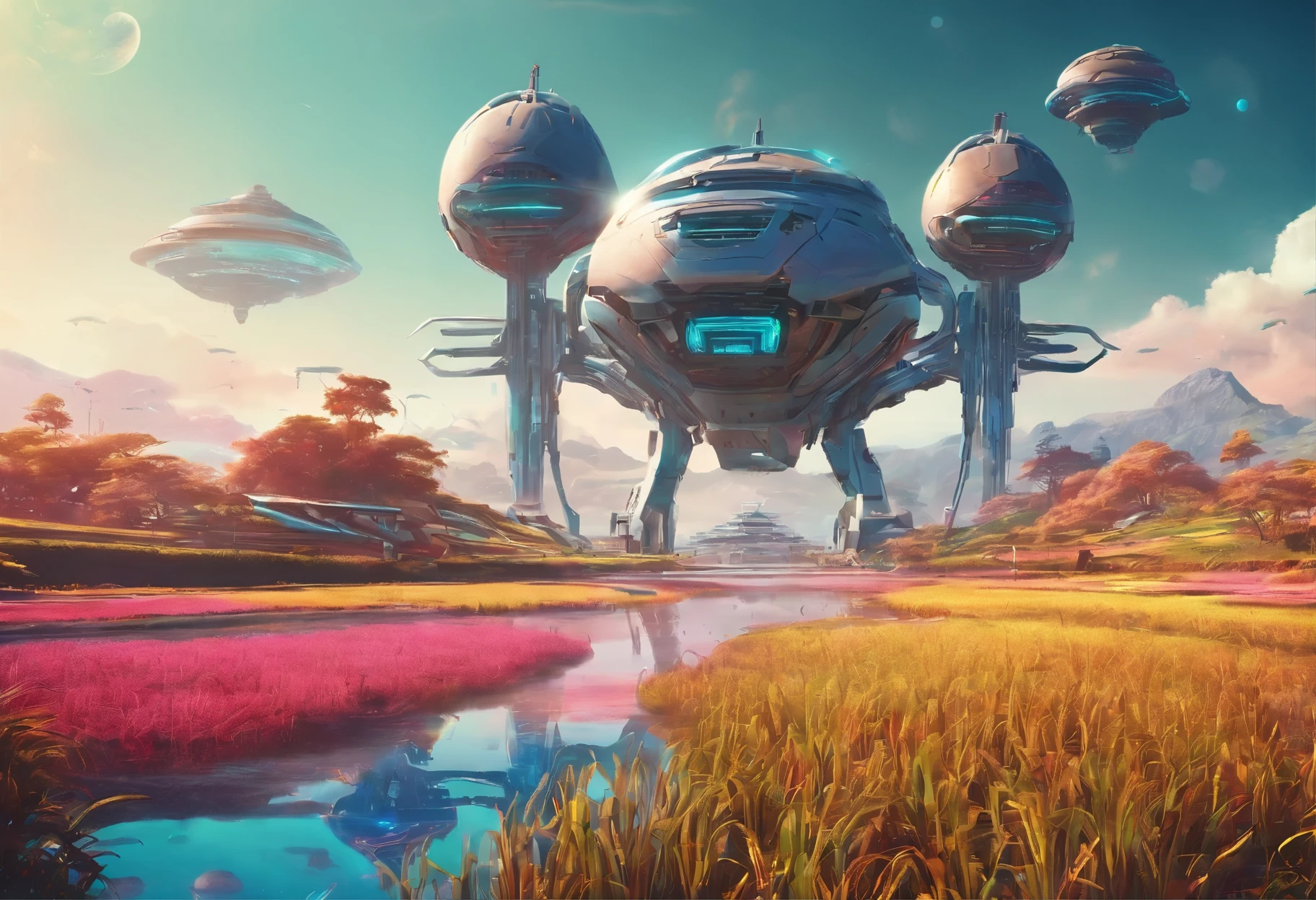 realistic, alien planet, rice paddy, rice fields, beautiful scenery of alien planet, little mountains, colorful sky, blue sun, humanoid robot (android) with a Chinese cap on his head harvest rice, He walks in knee-deep muddy water, in the far distance a poor futuristic village (futuristic Chinese houses in  ancient style), depth of field, full shot, film grain, 8k,