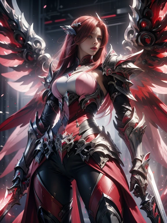 Character design, 1 girl,, slim body, medium chest, skinny waist, ((long deep red hair)). blue eyes. (((pink fantasy a female knight in a pink full armor))), (((big pauldrons, intricate details))), (((large armor wings))), (((advanced weapon fantasy plasma sword in right hand))), (standing), plain gray background, masterpiece, HD high quality, 8K ultra high definition, ultra definition,