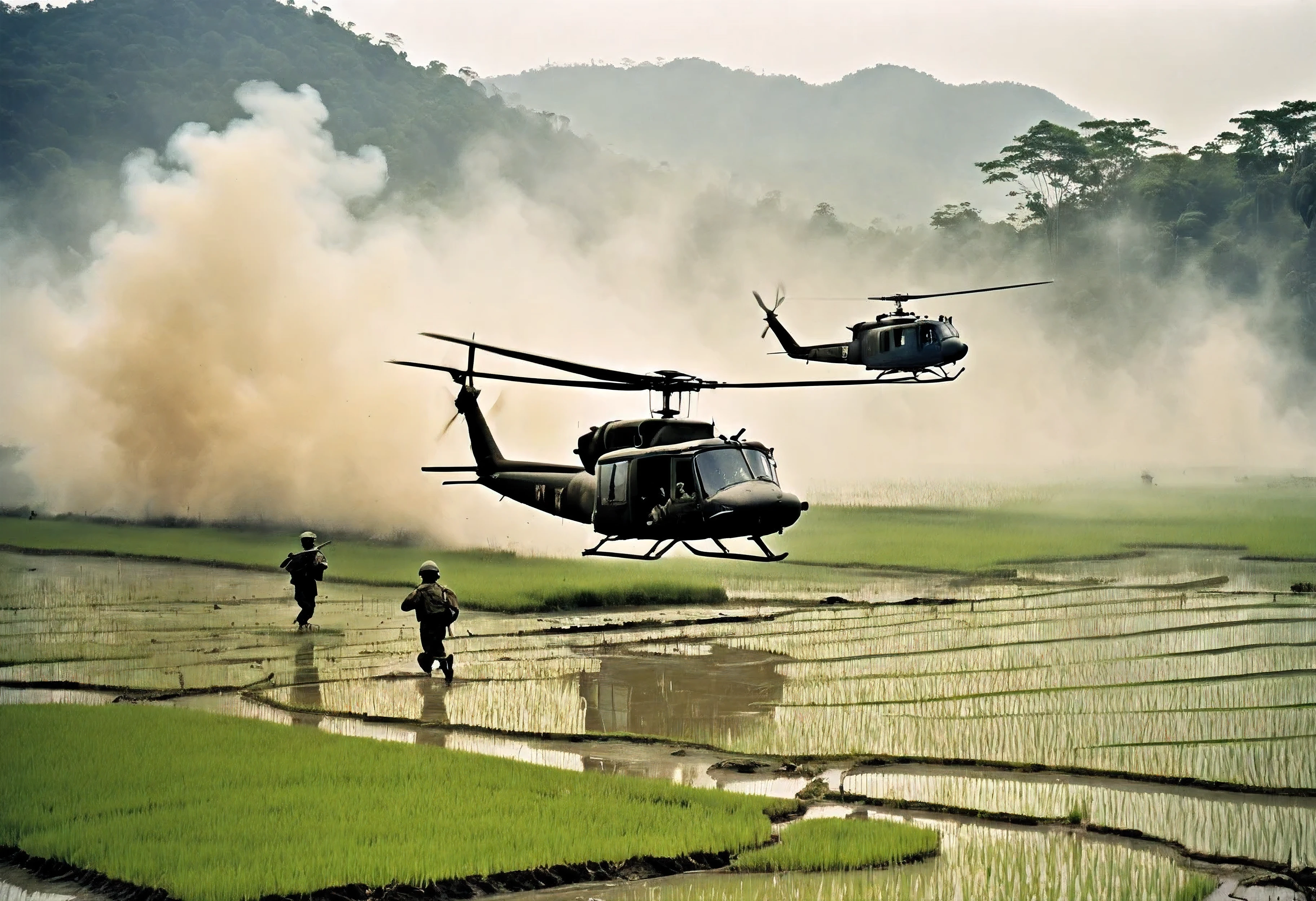 realistic photo, Vietnam War era. rice fields, military helicopters (Bell UH-1 Iroquois) flying high in the air. a squad of US soldierilitary outfit from year 1960) wading through rice fields in muddy water up to their knees, a burning village in the background, smoke elements in backrgound from fire in vilagedepth of field, 8k, film grain, raw photo, hdr, golden hour.