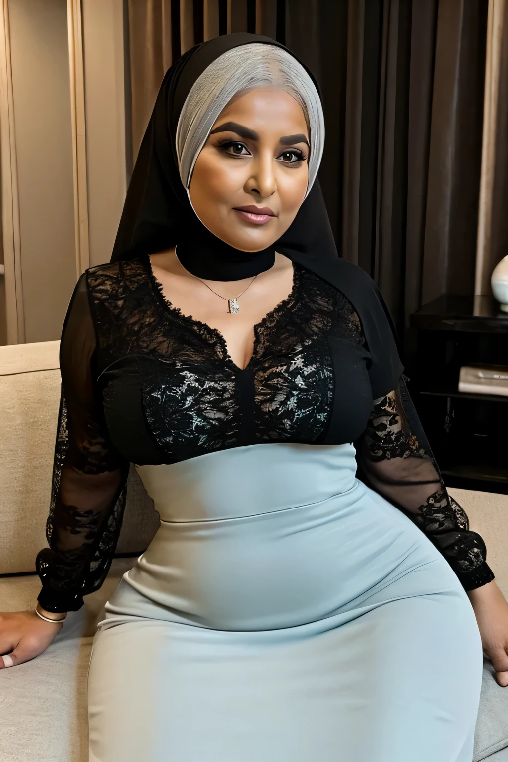 gordo fashion, a beautiful 70 year old Arab woman, (Velha:1.4), curvy body, (vestindo um xador PRETO), Realista, Gordinho, intricado, hyper Realista, 8K, intricadoly detailed, cinematic, stunning Realista photography, rosto perfeitamente detalhado, altamente detalhado, vibrante, pele natural, Textura de pele real, octane rendering, cabelo branco, neckless, pulseiras, lindo atemporal, USANDO BLUSA DE RENDA PRETA, corpo volumoso, olhos marcantes e lindos, gordo,sitting on a beautiful sofa, Vista lateral, 