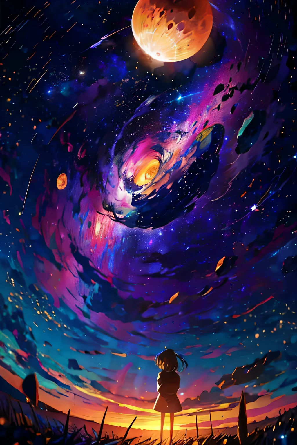 starry night sky with a person standing on a hill looking at a galaxy, cosmos infinito ao fundo, girl looks at the space, near a galaxy, On a galaxy-looking background, olhando para o cosmos, non-universe.altamente realista, galaxy in the background, lost in the immensity of space, Apenas Bartel, anime girl with cosmic hair