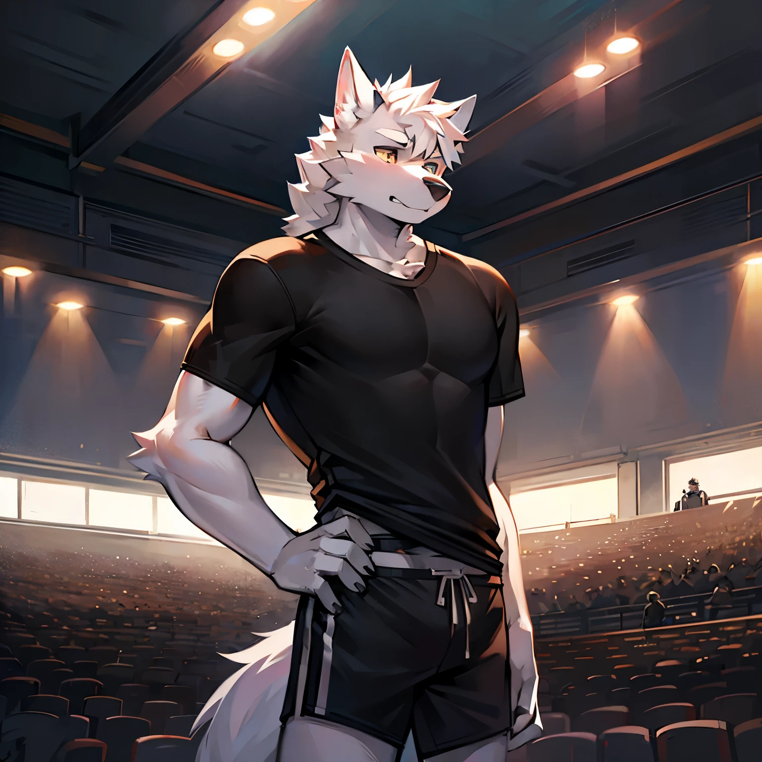 white wolf,sports student,Black T-shirt,sports Shorts,ager,Thin muscle,facing the audience,Standing against the background of school dormitory,