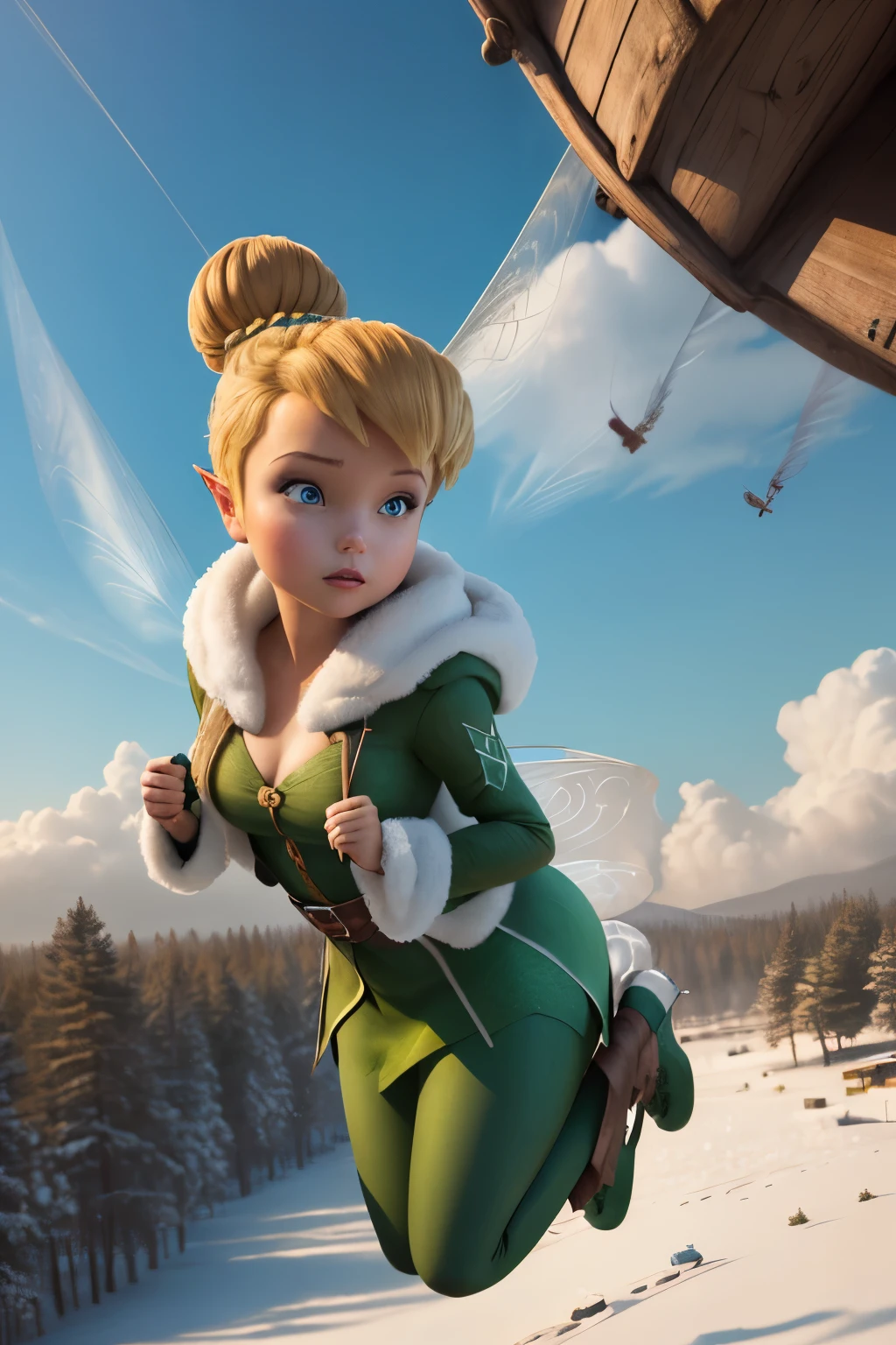 masterpiece, 8k, perfect ligthing, , adult, female, looking at viewer, cinematic lighting, cowboy shot,  (TinkerBell:1.5), (TinkerBellWaifu:1.1), single hair bun, (green winter coat), (green clothes), ((clothes made from leaves)), pointy ears, blue eyes, (detailled eyes:1.2), blush, shrunken, flying in air, (flying in sky:1.8), clouds, pixiedust, Winter, Snow,  Forest, Island, 