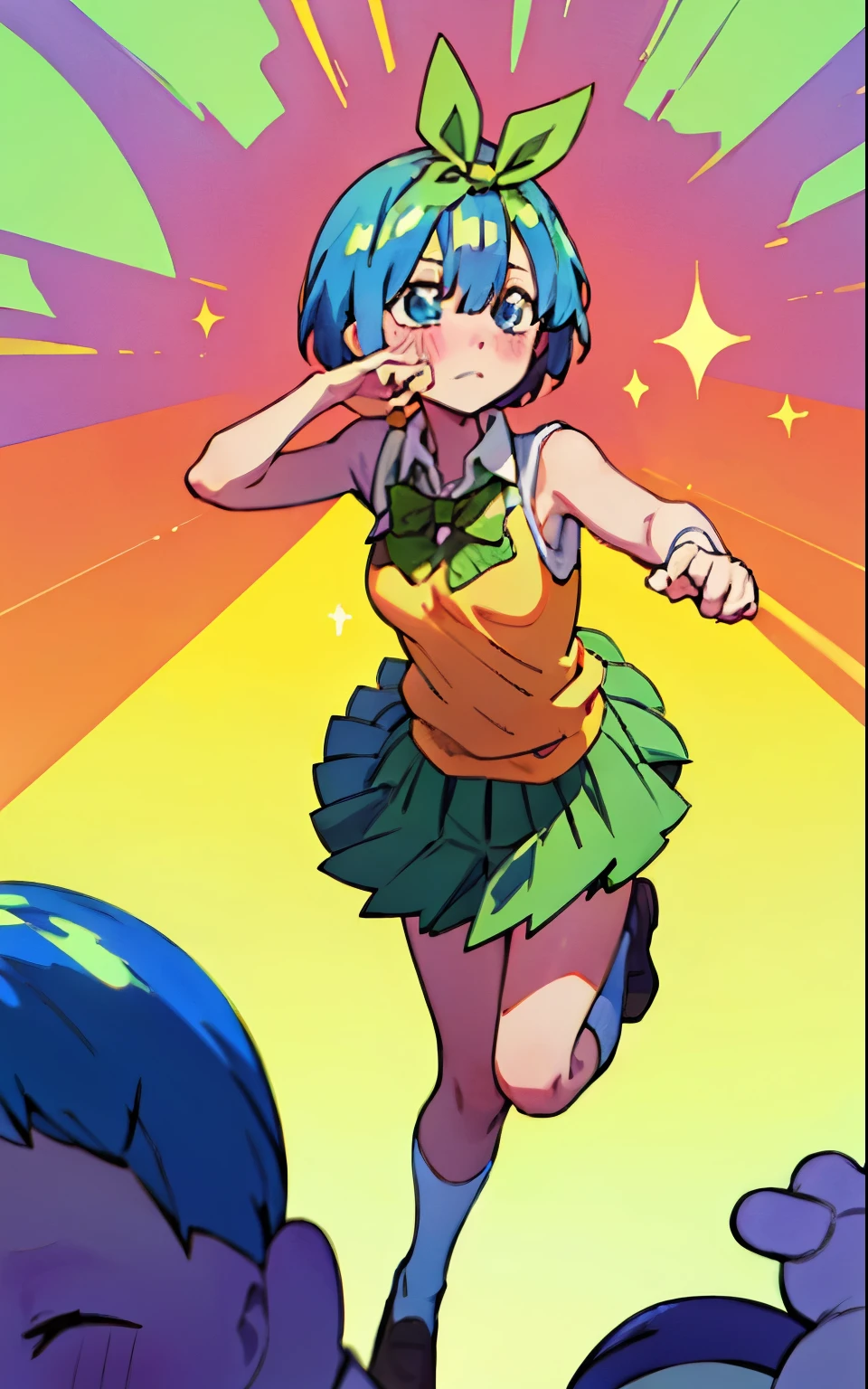 Rem dressed up as Yotsuba Nakano, school uniform, short blue hair, sparkling blue eyes, sweet face, tender, lovely, 4k, perfect quality, excellent fusion, excellent character design, green ribbon, sleeveless yellow sweater, collared white short sleeved shirt, green bow tie, green pleated skirt, bright colors, pastel coloured image, vivid colours, light colours, simple background, magic hill background, splendid nature, natural light, daylight, full body, full shot, dinamic pose, extremely detailed, clean lineart, neat, blushing, vute face, sweet, 