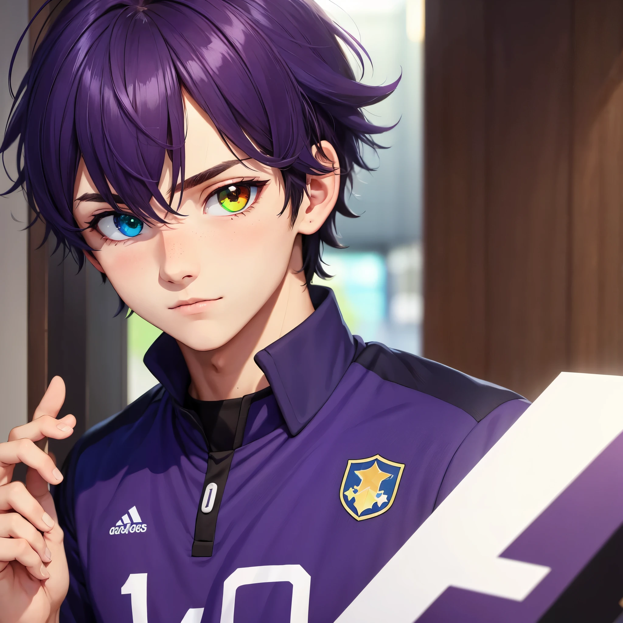 (1boy,masculino,solo),soccer uniform , heterochromia , one eye green , one eye purple