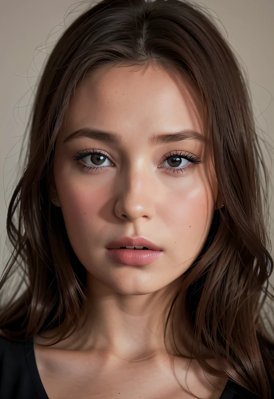 arafed femme aux cheveux longs et une chemise noire regardant la caméra, Portrait de Sophie Mudd, Visage de jeune femme,((une femme assise )), Visage de jeune femme, portrait en gros plan, cinematic portrait, portrait de face en gros plan, visage de femme regardant hors caméra, portrait en gros plan de plein visage, extremely beautiful face, portrait doux 8 k, Violette Myers