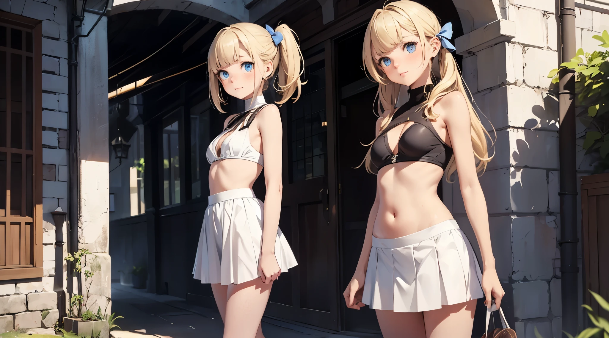 fullnude、The girl is depicted in full growth, (you see the girl from head to toe), Girl in a courtyard, cute bow, pubic hair, shy small smile, The girl is depicted in full growth, you see the girl from head to toe, nostalgic appeal, country girlfriend, (FLATCHESTED:1.3)、flat chest, superflat chest, naughty girl, one embarrassed girl in short cute skirt, zero breast size, blunt bangs, Blonde hair with short ponytails, Blue eyes, White skin,Skimpy clothes, young girl, freckles