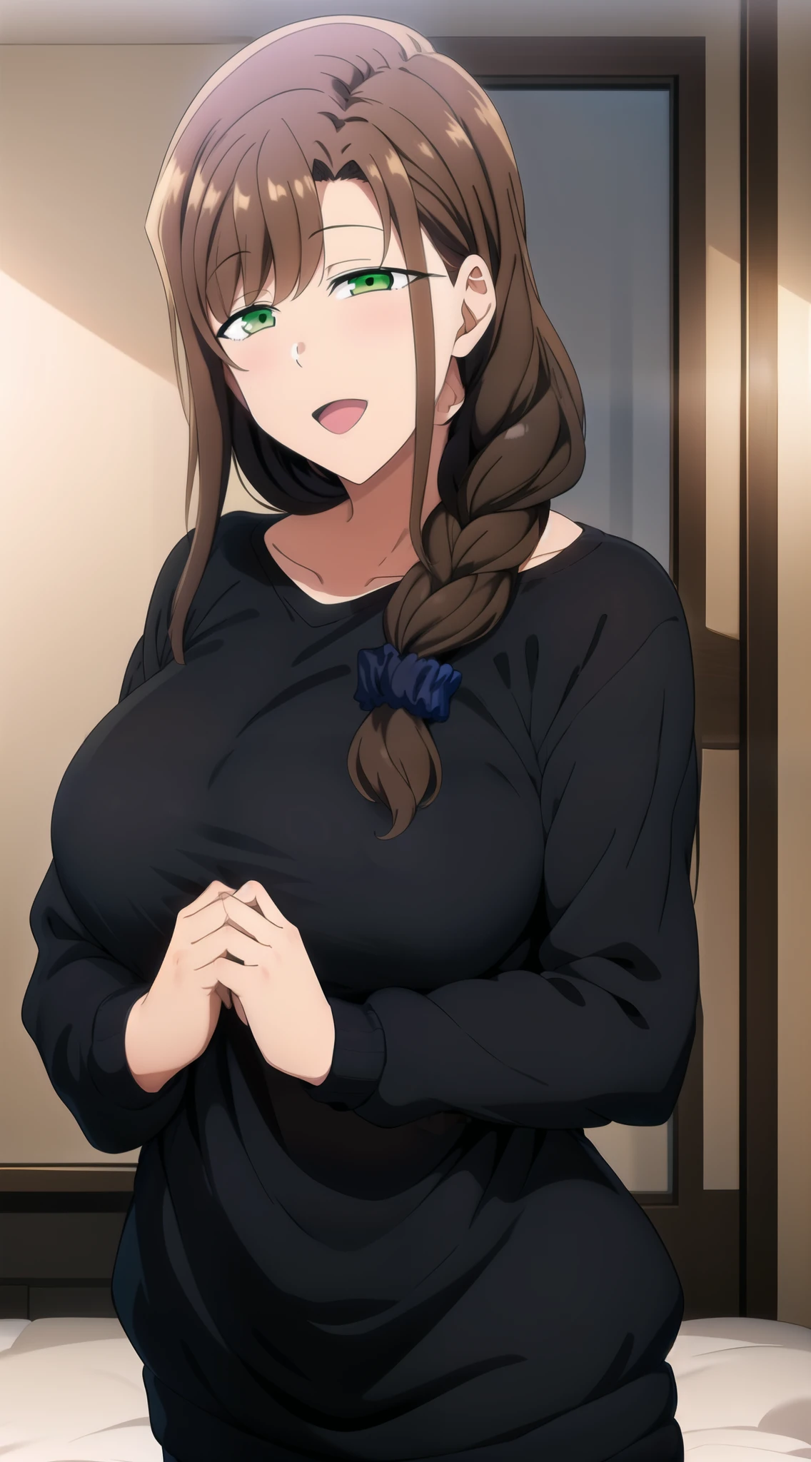 master piece, master piece, 1girl, hands together, long hair, looking at viewer, smile, HALF CLOSED EYES, open mouth, large breasts, brown hair, black shirt, long sleeve, loose shirt, hair ornament, green eyes, collarbone, braid, blue pants, (((black SWEATER))), single braid, scrunchie, hair over shoulder, hair scrunchie, mature female, wide hips,,
