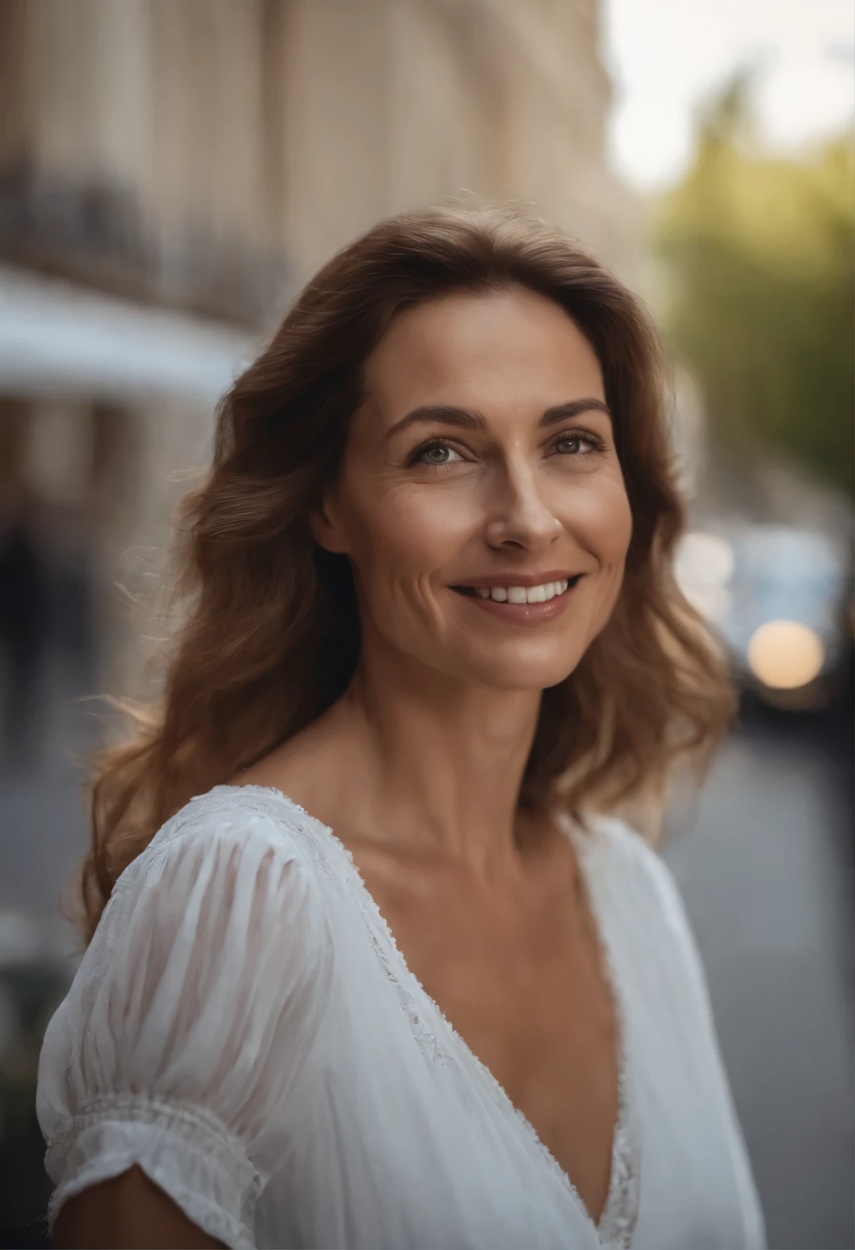 masterpiece, superior quality, ultra-detailed, Dessin 8k sous CG Unity, visage d'une femme 40 ans regardant directement l'observateur, summer topic, un regard charmeur et heureux, amoureuse de l'observateur, au centre ville de paris, souriant, avec de longs cheveux châtains et un habillé et décontractée.
