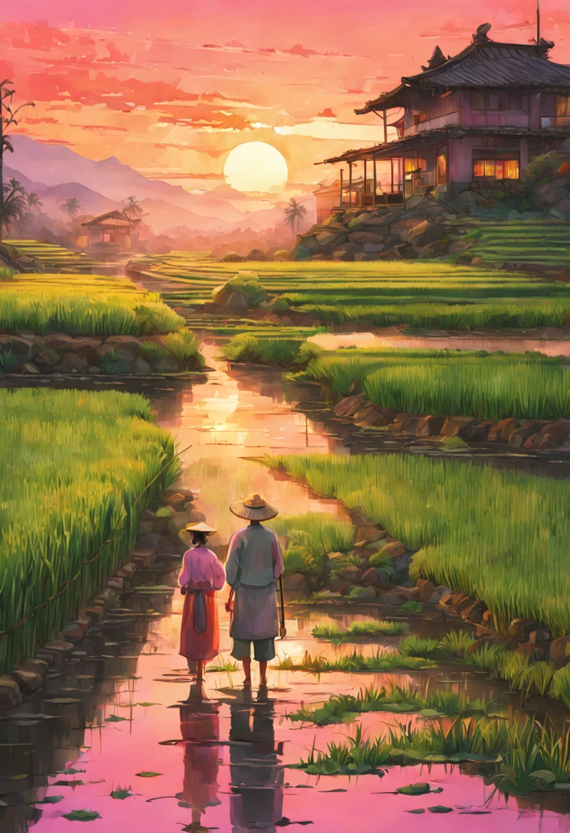 Digital Illustration, A farmer tending to the rice paddy fields during a vibrant sunset, with reflections of the pink and orange sky in the watelled terraces, Art Styles: Watercolor, Art Inspirations: Studio Ghibli, Camera: 35mm, Shot: medium shot, Render Related Information: high resolution, soft light, color splash, aesthetic