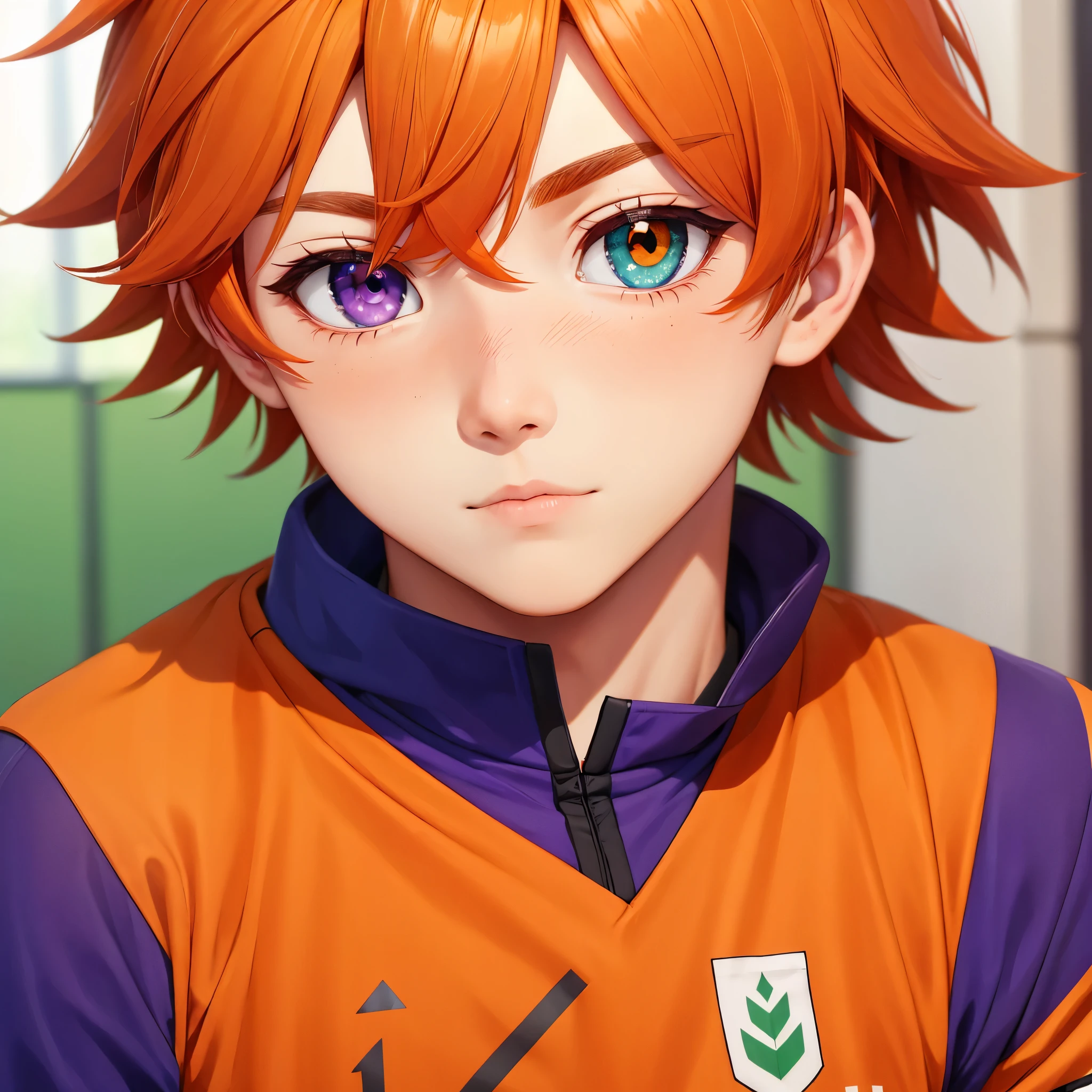 (1boy,masculino,solo,orange hair),soccer uniform , heterochromia , one eye green , one eye purple