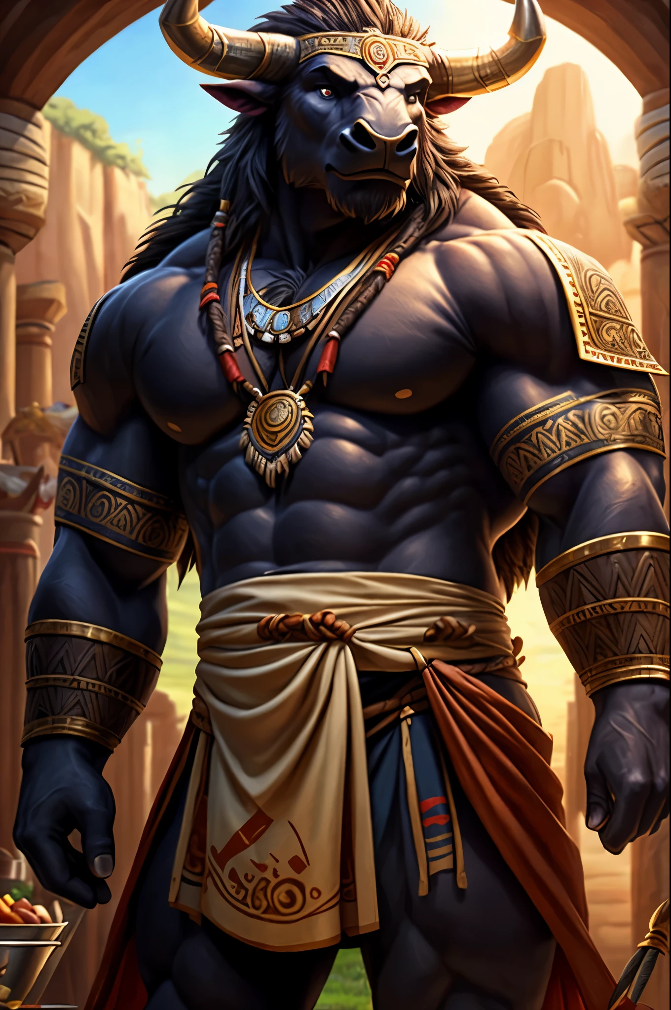 (8k, RAW photo, best quality, masterpiece), (1man:1.5), a detailed character portrait, clearly worked out detail, (male taurus, minotaur, warrior, King, chef), ((athletic, cute face)), ((wearing tribal armor, royal cloth, tribe chef cloth)), rpg, dnd, lithe, intricate, cinematic, natural lighting, anime, MAPPA style, raytracing, detailed face, high resolution, (ultra detailed)