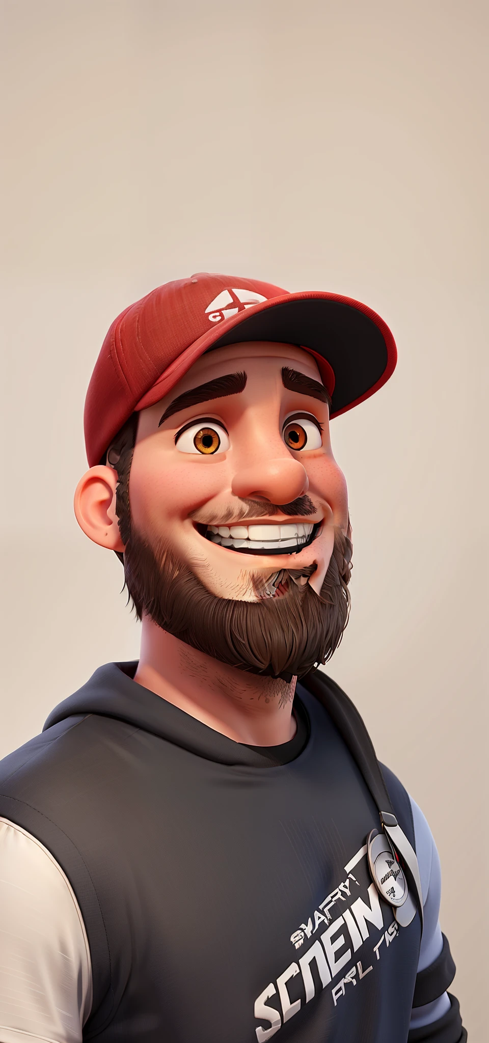 A smiling man, with a short beard, in a red cap and black jacket