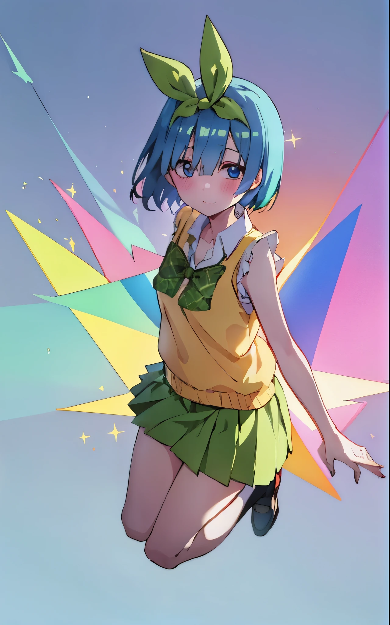 Rem dressed up as Yotsuba Nakano, school uniform, short blue hair, sparkling blue eyes, sweet face, tender, lovely, 4k, perfect quality, excellent fusion, excellent character design, green ribbon, sleeveless yellow sweater, collared white short sleeved shirt, green bow tie, green pleated skirt, bright colors, pastel coloured image, vivid colours, light colours, simple background, magic hill background, splendid nature, natural light, daylight, full body, full shot, dinamic pose, extremely detailed, clean lineart, neat, blushing, vute face, sweet, cute face