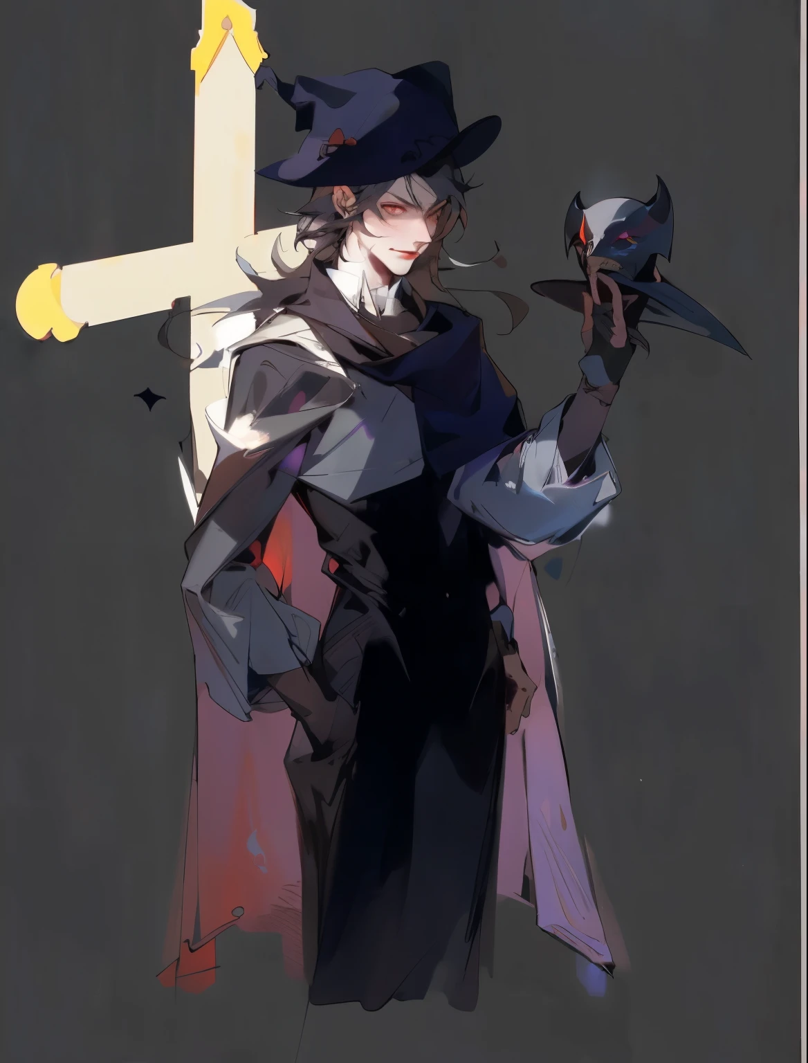 A close-up of a man in a hat，holding crow mask，Concept Design，anime style，perfect facial features，Maximum efficiency，High degree of completion，Level lighting，backlit messenger，,castlevania witch, androgynous vampire, Undead Mage, Half Summoner, Half Megumin, Male mage!, as dnd role, Humanity :: witch, Photo of a male clergyman, whole body concept, Gormo Adray Grimdak, dark witch character, evil wizard