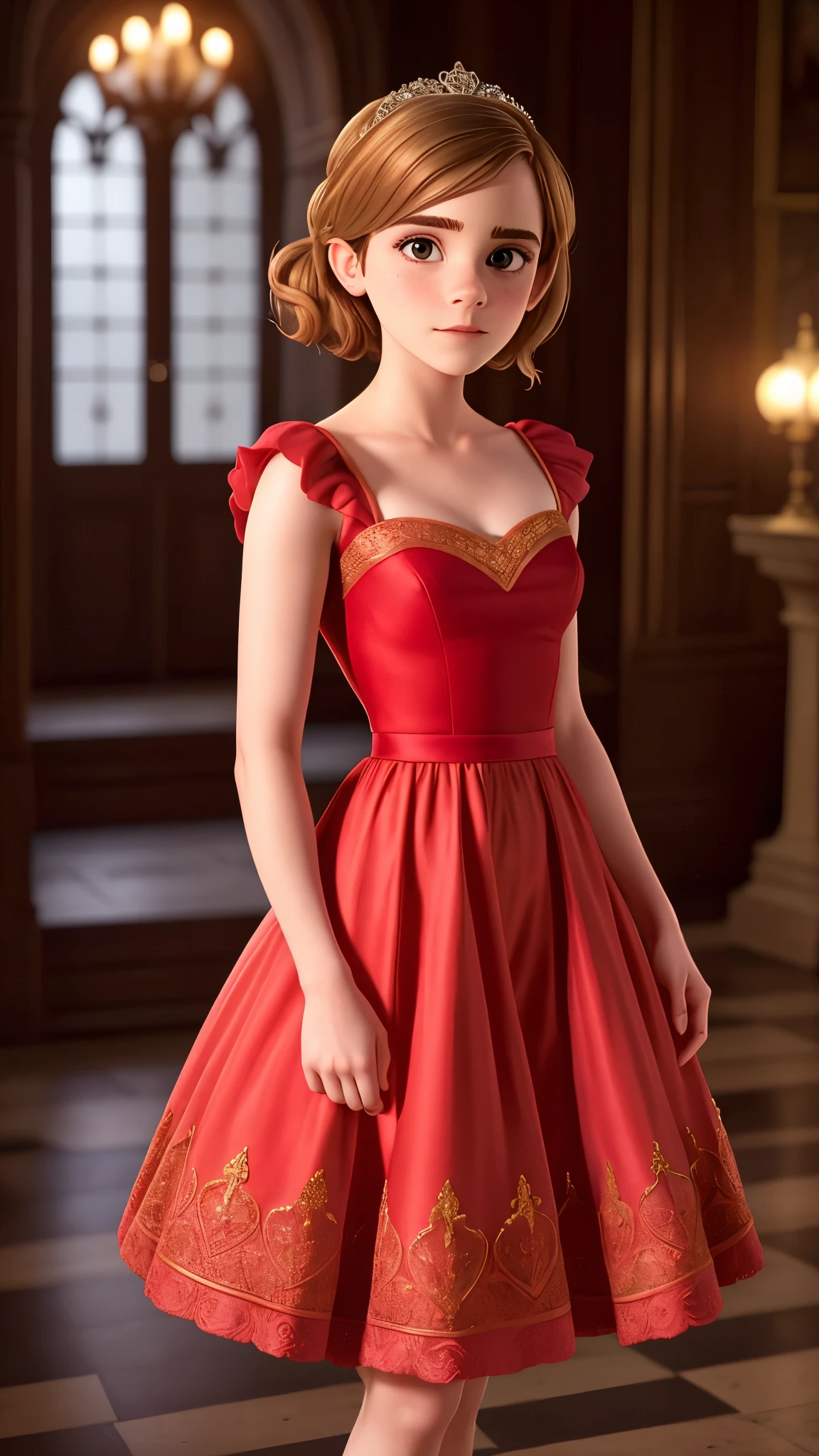 Emma Watson, 25 anos, sensual em vestido vermelho de princesa, com decote, with both hands in your hair, olhar sensual,  and she is standing,