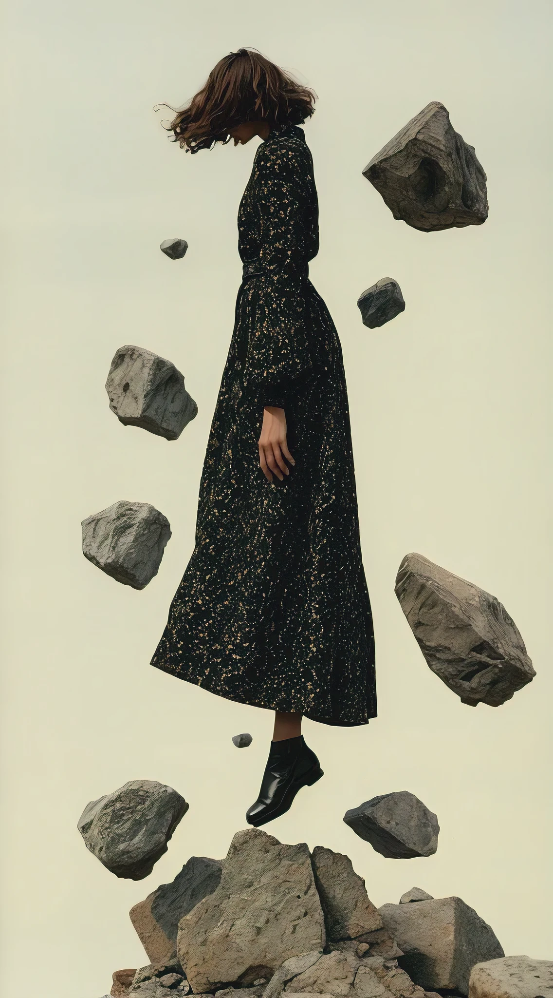 (best quality, masterpiece:1.3), A woman with telekinetic abilities who can levitate numerous stones. by Alasdair McLellan, film photography, grany, super real, real skin texture, real photography, film grain, fashion feeling, for vogue,skin texture