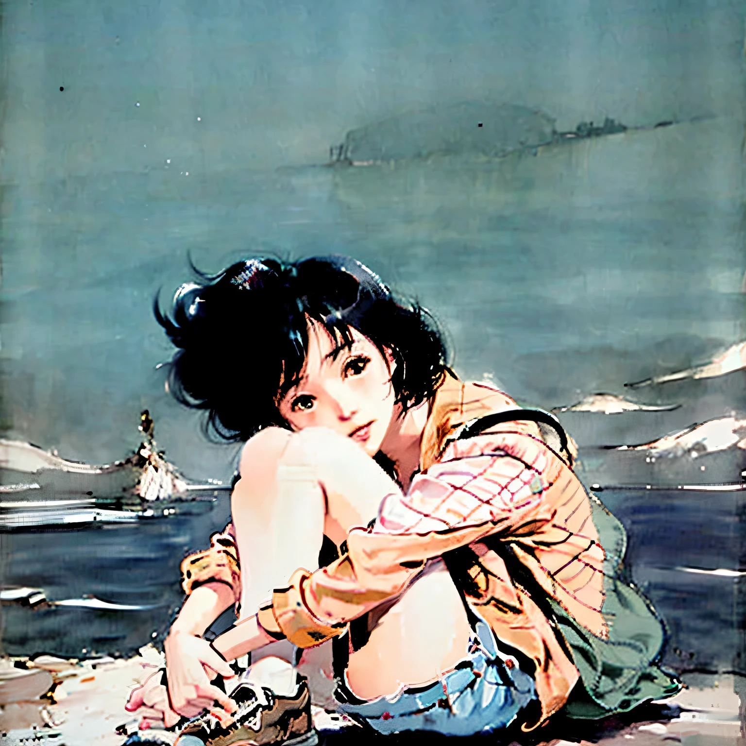 a cartoon girl sitting on the beach with her feet crossed, the anime girl is squatting, garota lofi, retro anime girl, anime aesthetic, visual de anime de uma linda garota, Conrad Roset e Makoto Shinkai, beautiful lonely girl, por Hiro Yamagata, aesthetic lofi girl, por Yanagawa Nobusada, Ilustra??o estilo anime
