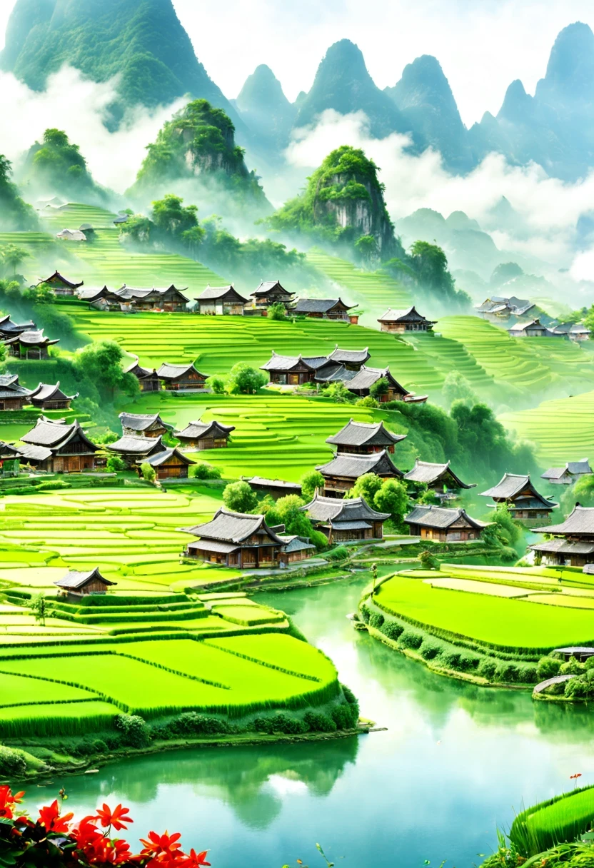 Beautiful terrace, Green rice paddies, pond, houses, Guilin landscape, The best in the world, HD, 512k