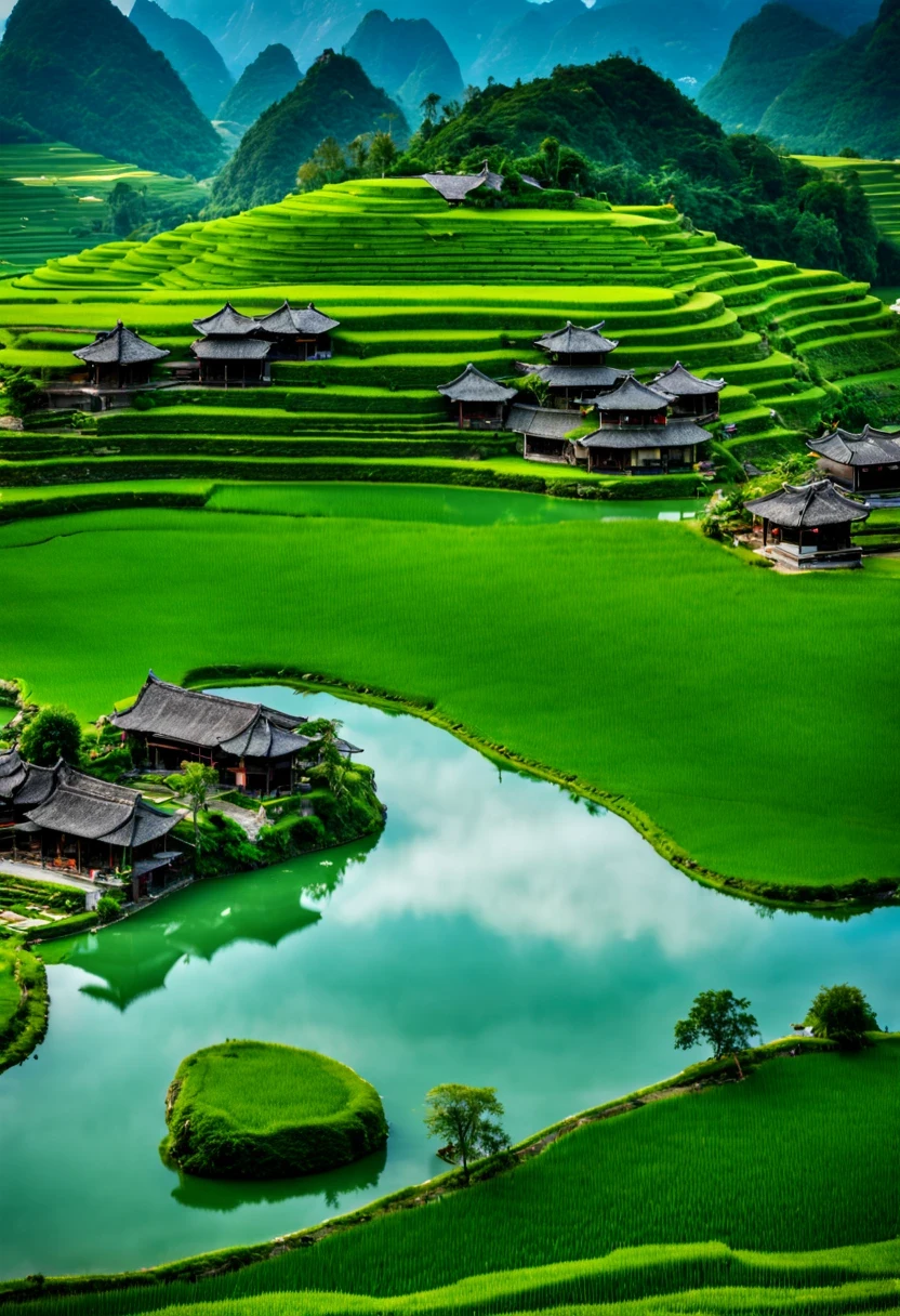 Beautiful terrace, Green rice paddies, pond, houses, Guilin landscape, The best in the world, HD, 512k