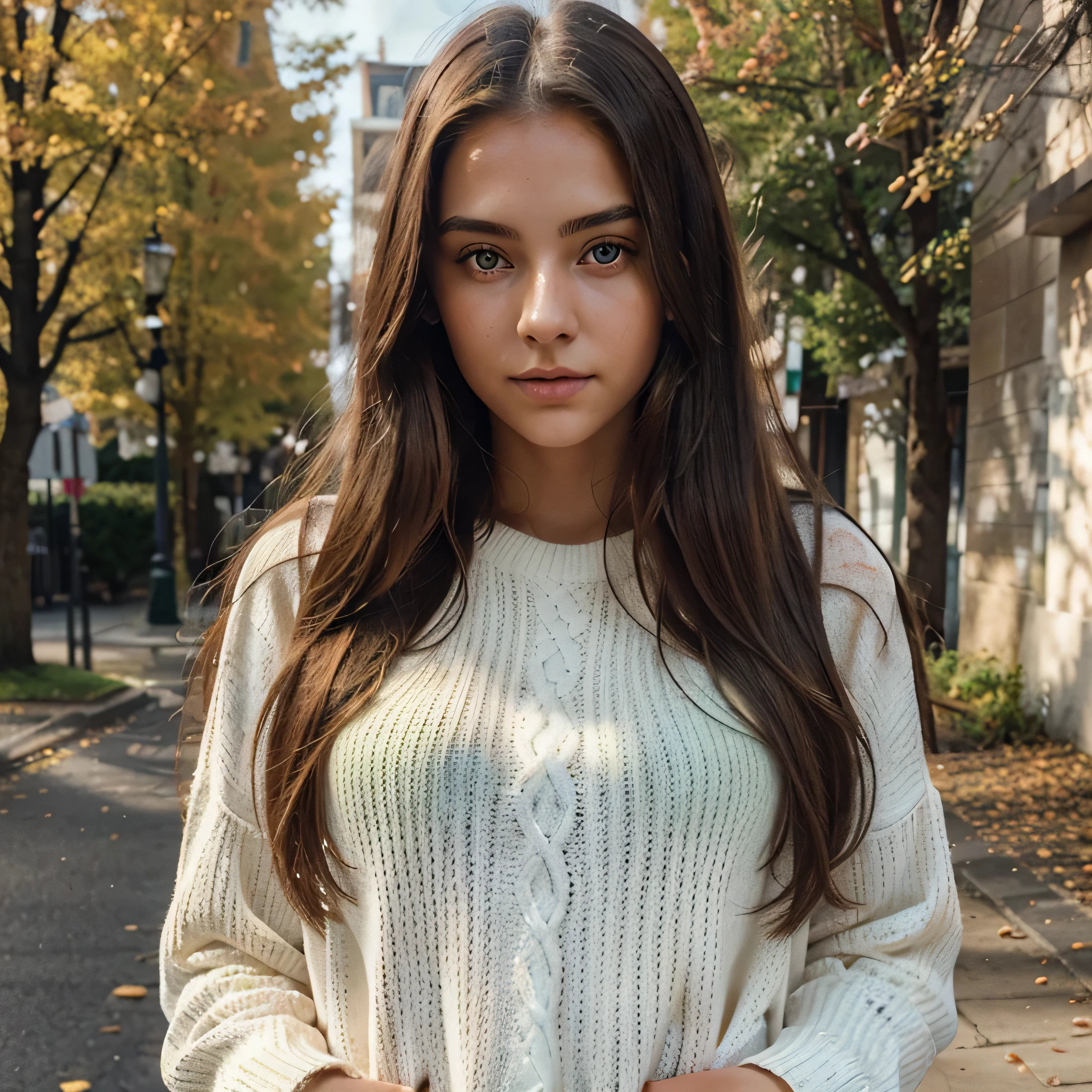 Photo of a stunning girl, 21 years old, Wear a white fall sweater., long hair,, looks at the camera, symmetrical green eyes, symmetrical face, Photorealistic, Photo, path tracing, Reflective lighting, volumetric light for face, path of drawn hair, visible shadows, difficult, Develop