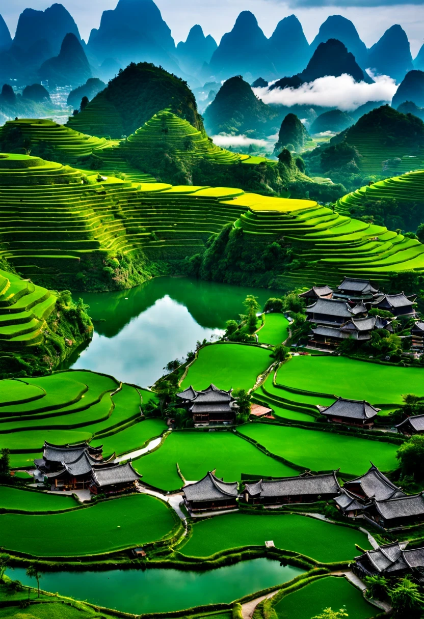 Beautiful terrace, Green rice paddies, pond, houses, Guilin landscape, The best in the world, HD, 512k
