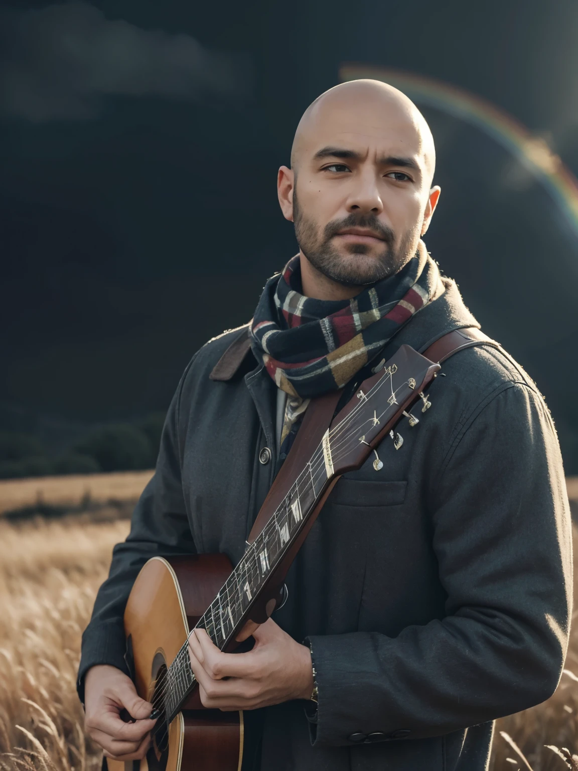8k, best quality, masterpiece, realistic, ultra detail, photo realistic, Increase quality, 
a photo of a girl standing in a field with a scarf, in the style of dark and brooding designer, voluminous mass, photobash, A dark, bald, handsome stocky young man, in a bright environment, and with a rainbow spectrum passing through the environment, converting light into musical notes. with musical instruments behind him., natural beauty, close-up shot
