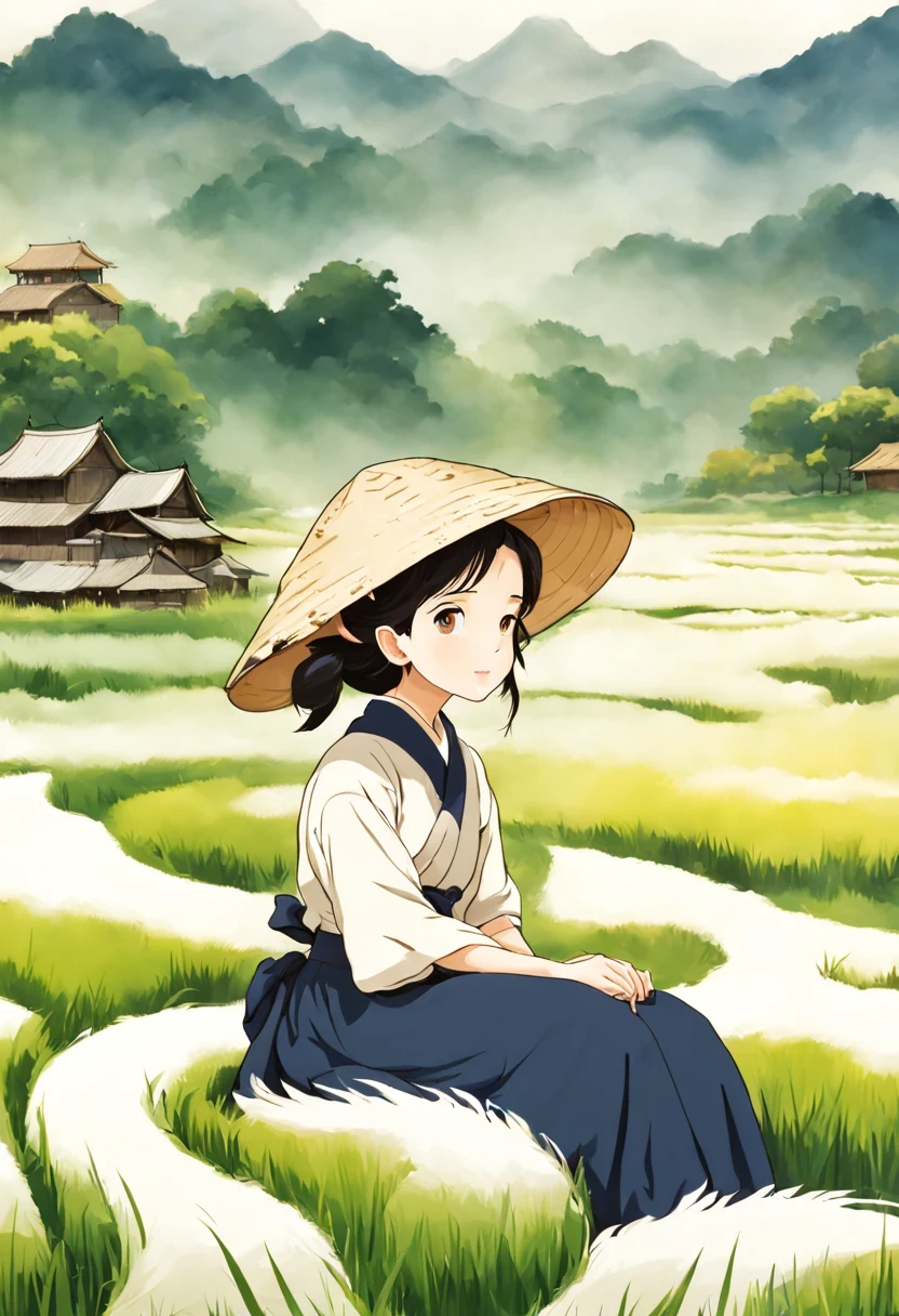 1 girl, Sitting in the rice field,rice,countryside,is the background, closeup portrait, Ghibli style colors, ultra high definition