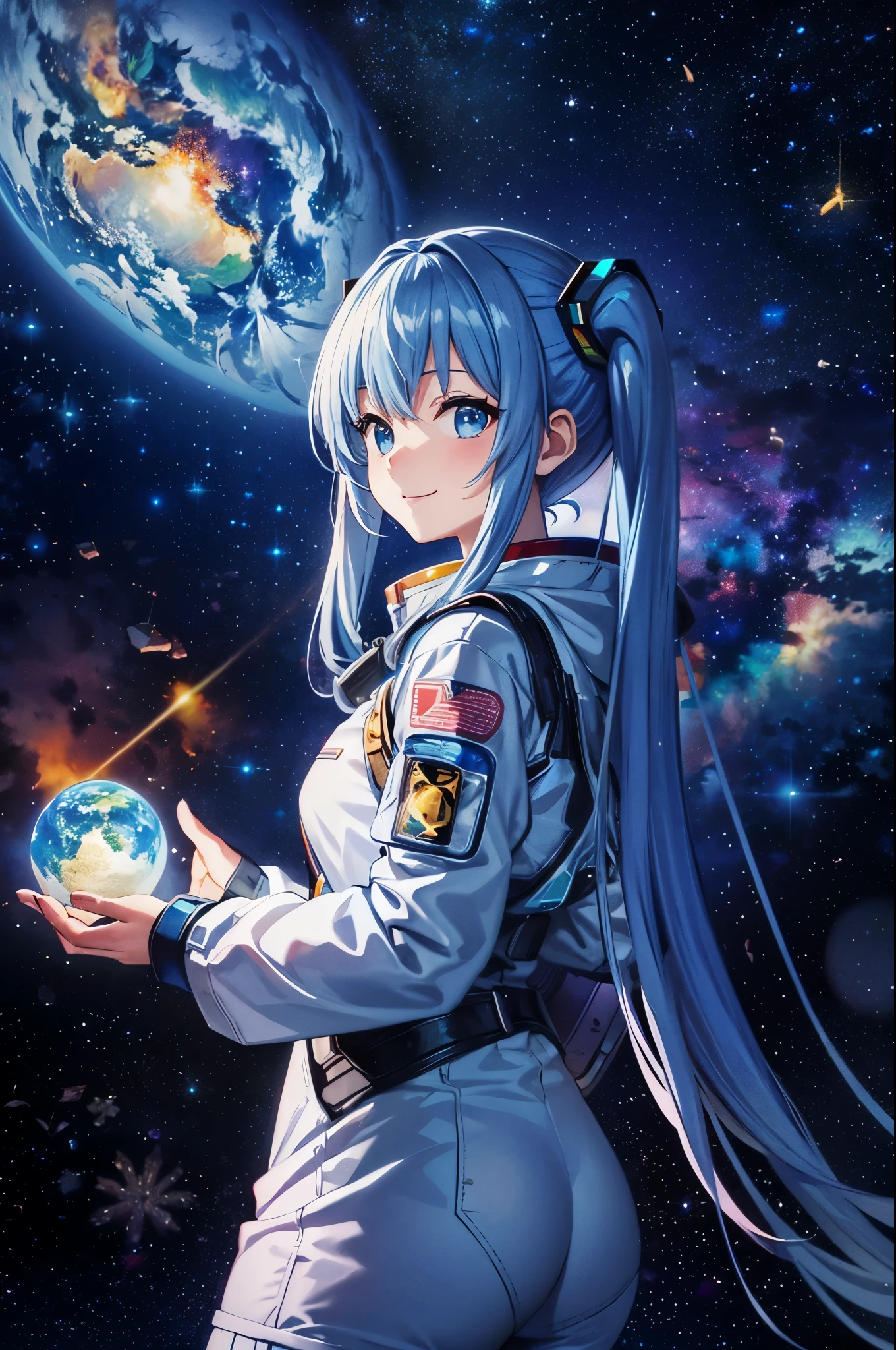 ((Milky Way)).((Earth)).宇宙からEarthを見ている、light blue long hair、Beautiful girl with twin tails、Spacesuit、spaceship、adorable smile、andromeda、many nebulas、shining milky way、