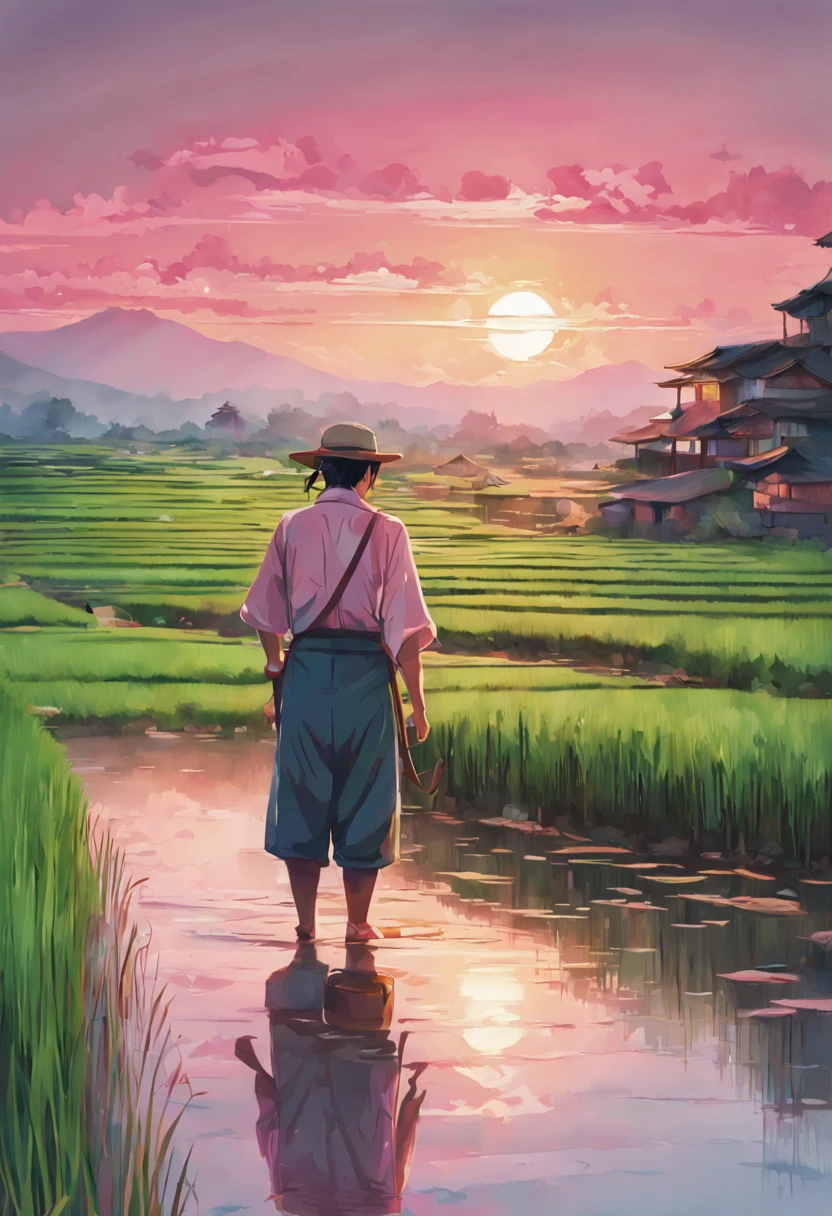 Digital Illustration, A farmer tending to the rice paddy fields during a vibrant sunset, with reflections of the pink and orange sky in the watelled terraces, Art Styles: Watercolor, Art Inspirations: Studio Ghibli, Camera: 35mm, Shot: medium shot, Render Related Information: high resolution, soft light, color splash, aesthetic