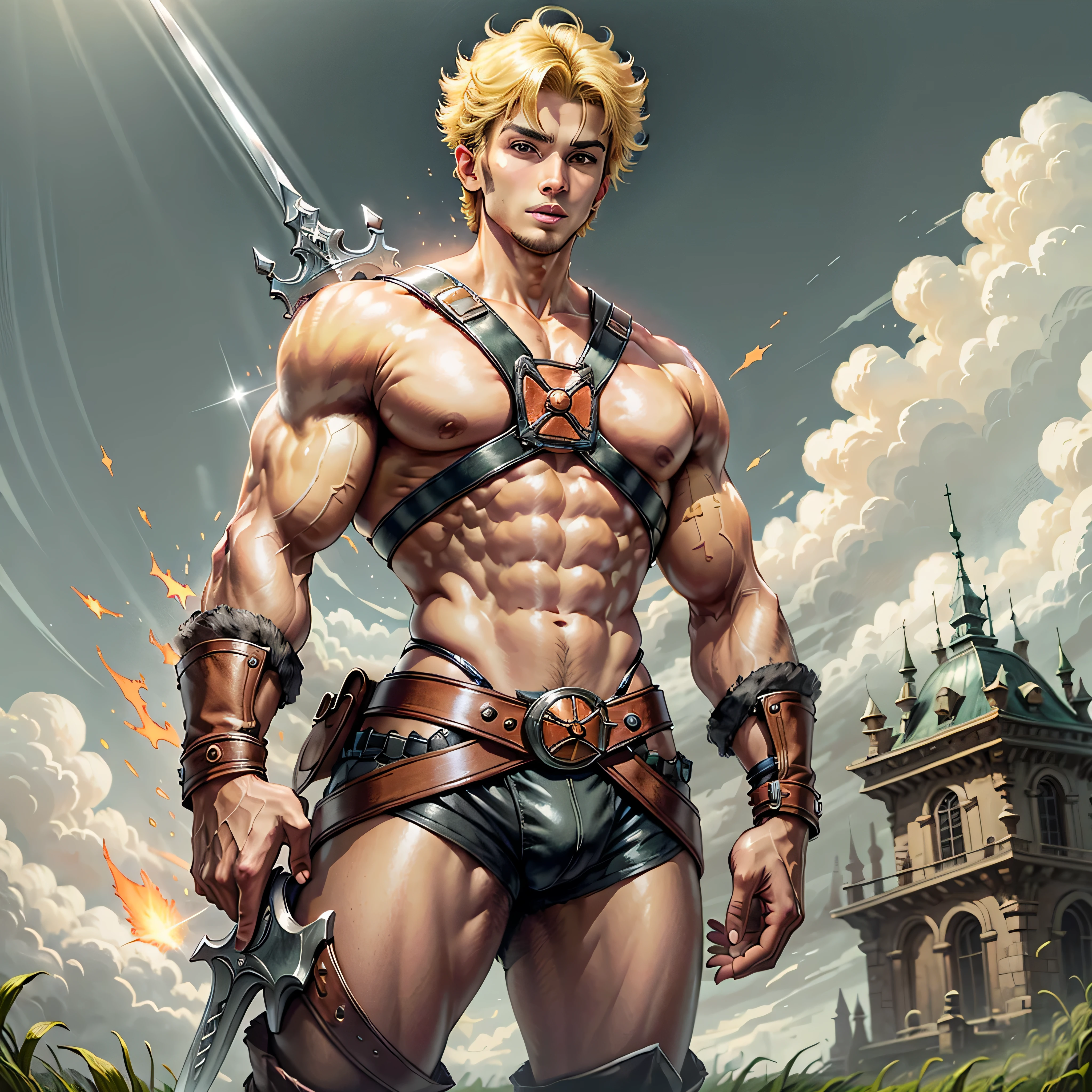 ((1boy)), ((masterpiece)), realistic, ((highly detailed:1.3)), he-man, ((holding a sword)), incredibly muscular man, handsome face, perfect eyes, clean shaven, ((blonde:1.4)) pageboy haircut, grey body harness, orange belt, brown briefs, orange boots topped with fur, smiling, dynamic pose, dynamic angle, ((fantasy grassland setting)), castle in far distance, clouds, blue sky,