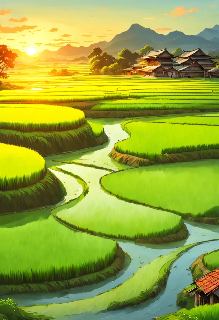 Beautiful terrace, Green rice paddies, pond, houses, Guilin landscape, The best in the world, HD, 512k