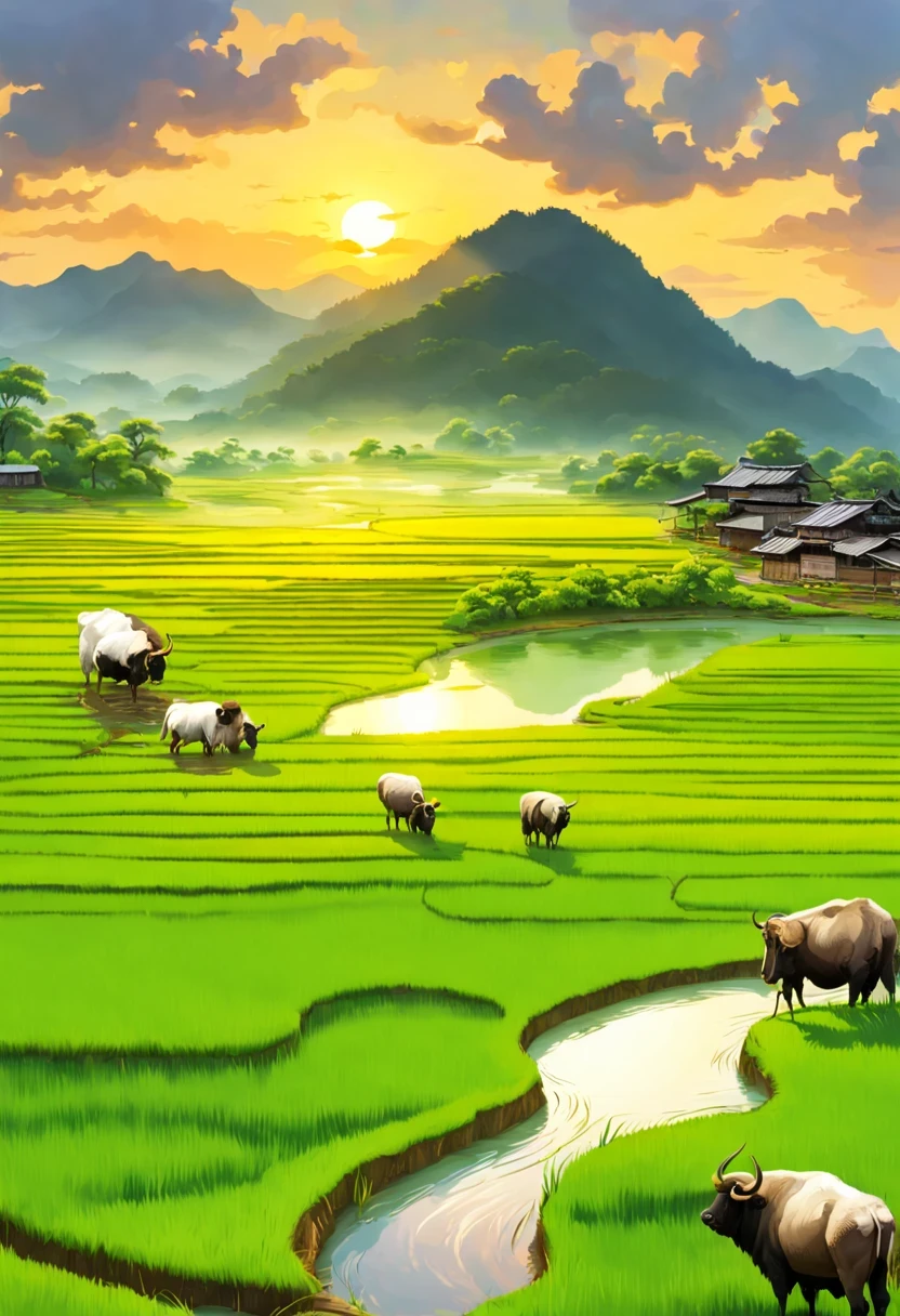 paddy, Terraces,paddy,rice,countryside,Pastoral scenery,spring scenery,beautiful sunset,rice种植, swamp water level, big buffalo,rice straw, bright colors,Fresh greenery,farmland,