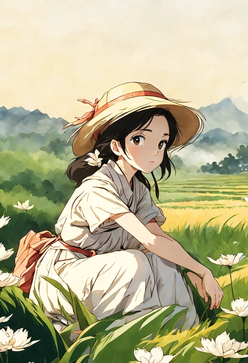 1 girl, Sitting in the rice field，rice，countryside，is the background, closeup portrait, Ghibli style colors, ultra high definition