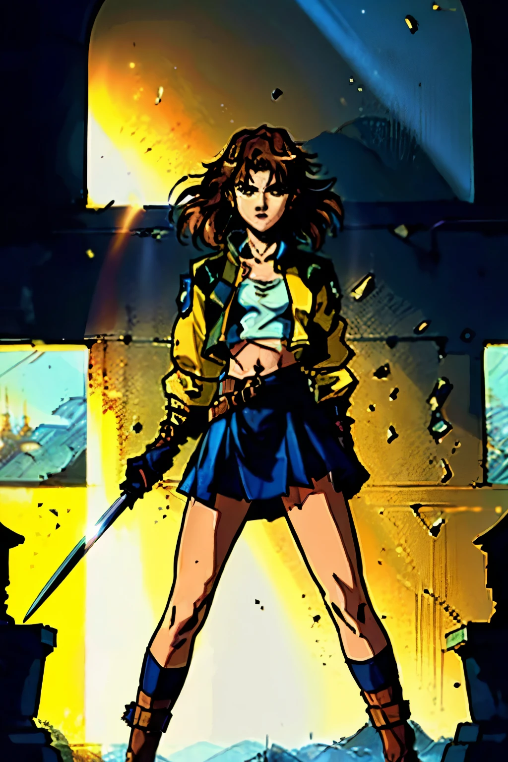 a woman with long brown hair, her delicate face revealing a determined expression, dressed in a crop top that exposes her waist, adorned with a yellow leather jacket, two ribbons are tied around her right hand, wears a short skirt with a small pouch tied around her waist, a dagger strapped to her leg, her slender body conceals well-defined muscles, in front of her lies a large sword, depicting a fantasy-style bounty hunter with a Japanese anime design, character design is intricate details, showcasing a mature Japanese manga artistic style, ((character concept art)), full body character drawing, high definition, best quality, ultra-detailed, extremely delicate, anatomically correct, symmetrical face, extremely detailed eyes and face, high quality eyes, creativity, RAW photo, UHD, 8k, (Natural light, professional lighting:1.2, cinematic lighting:1.5), (masterpiece:1.5)