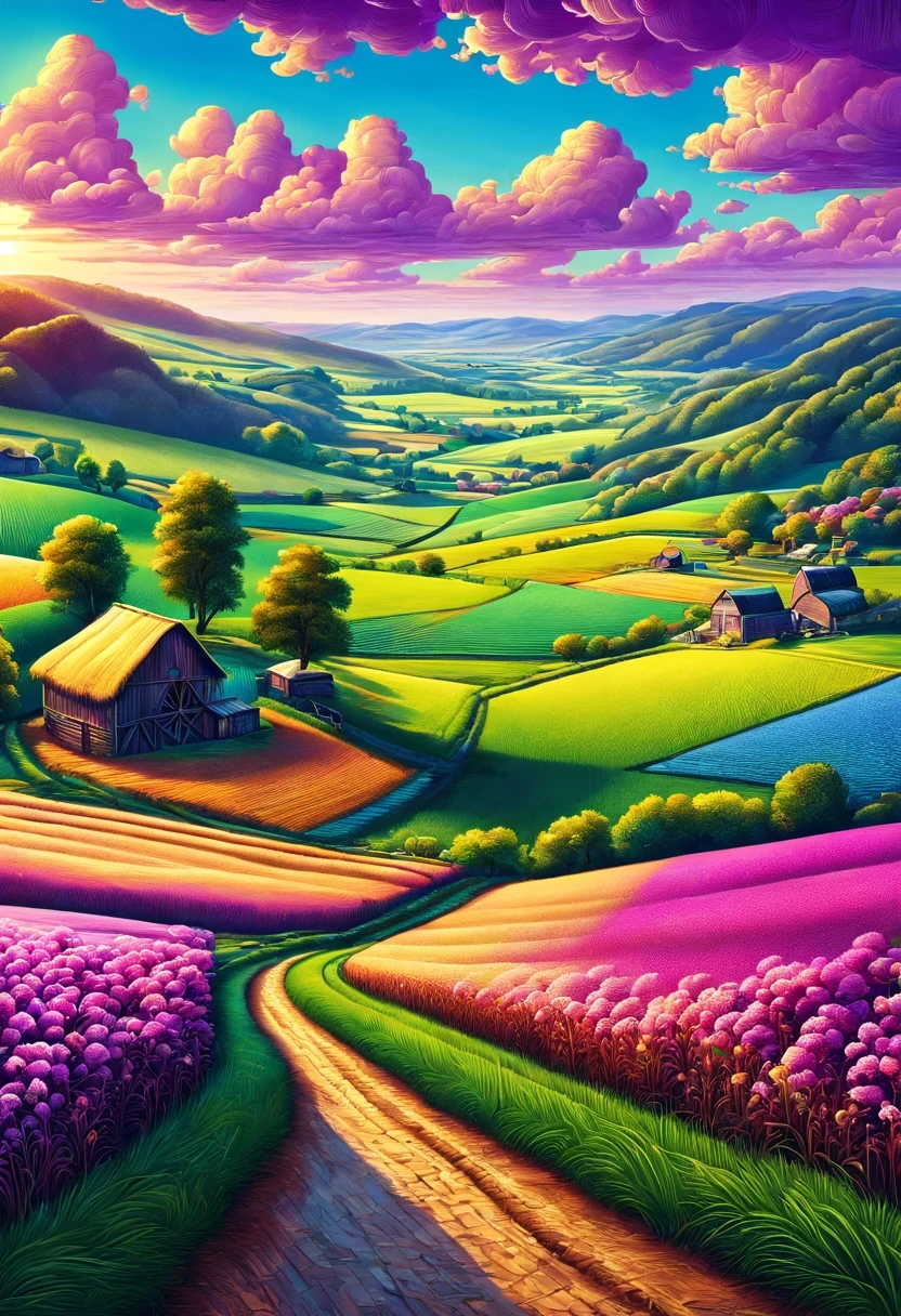 and mumford style，best quality,4k,8k,high resolution,masterpiece:1.2,Super detailed,actual,photoactual:1.37,rural landscape,Haruta,farmland,beautiful purple flowers,bright green grass,Serene countryside,breeze,soft sunshine,happy farmer,Scattered hay bales,fresh air,rolling hills,clear blue sky,farmland stretching to the horizon,bright colors,peaceful atmosphere,simple and peaceful,Harmonious landscape,long tree shadow,Crystal clear streams,harvest season,abundant crops,traditional farming methods,real country charm