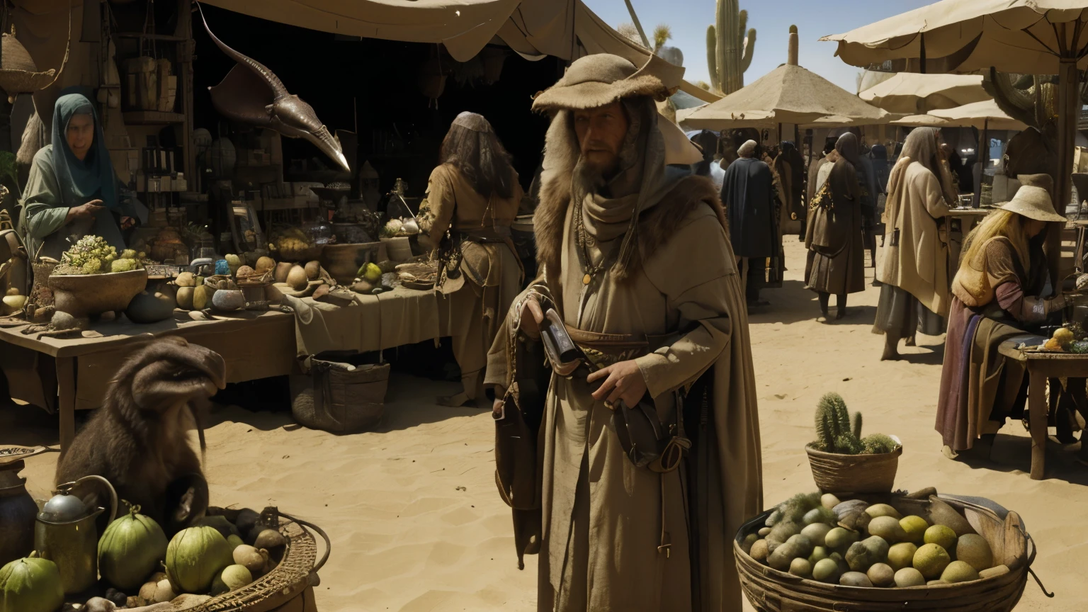 National Geographic realistic photography of out-of-this-world ancient ground scene of a pilgrim merchantarket of exotic wares from a desert planet, filled with all kinds of realistic and strange intriguing beasty creatures and exotic human beings with clothes blending the styles of Moebius and Hieronymus Bosch