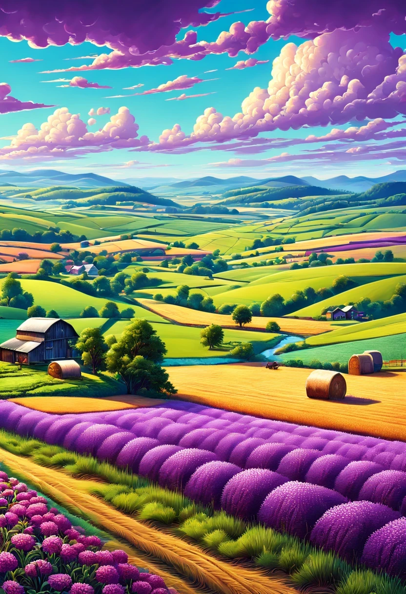 and mumford style，best quality,4k,8k,high resolution,masterpiece:1.2,Super detailed,actual,photoactual:1.37,rural landscape,Haruta,farmland,beautiful purple flowers,bright green grass,Serene countryside,breeze,soft sunshine,happy farmer,Scattered hay bales,fresh air,rolling hills,clear blue sky,farmland stretching to the horizon,bright colors,peaceful atmosphere,simple and peaceful,Harmonious landscape,long tree shadow,Crystal clear streams,harvest season,abundant crops,traditional farming methods,real country charm