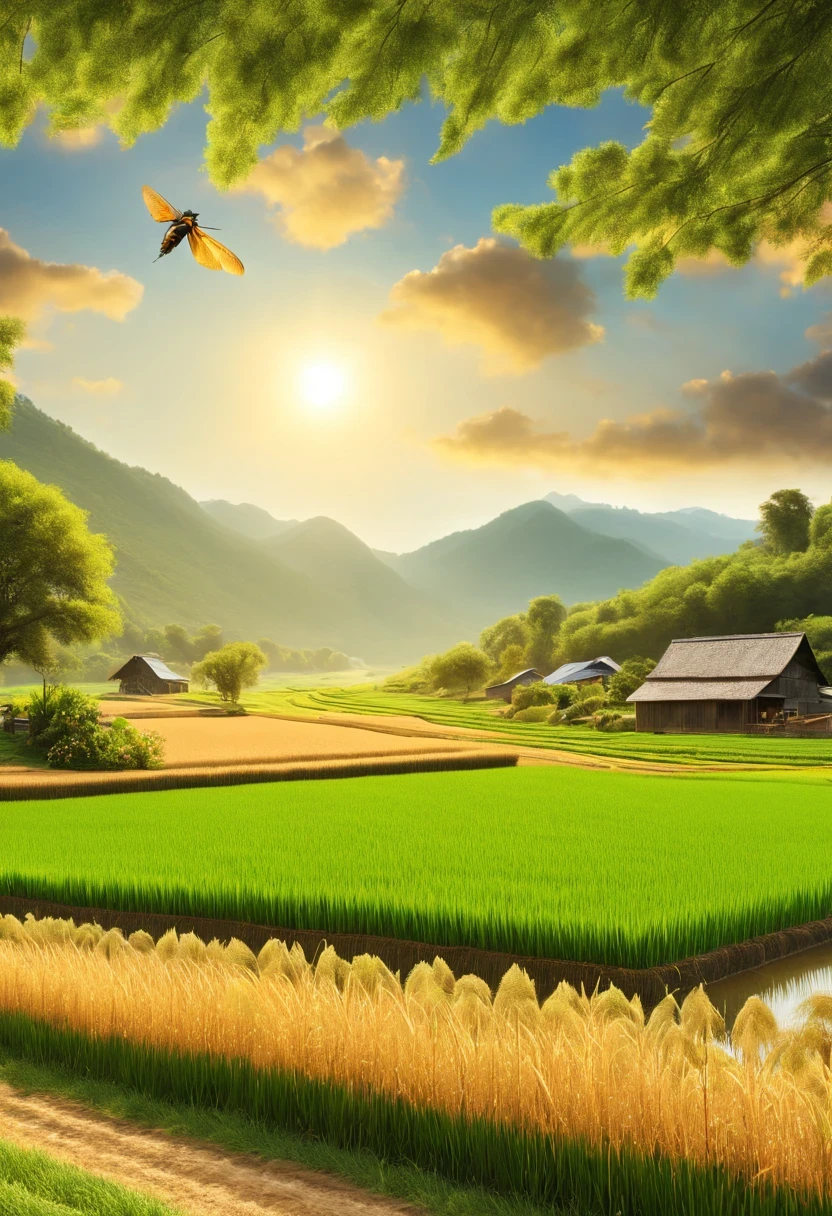 (best quality,4k,8k,high resolution,masterpiece:1.2),Super detailed,(actual,photoactual,photo-actual:1.37),paddy,rural area,rural scenery,spring landscape,beautiful sunset,bright colors,Fresh greenery,farmland,bumper harvest,peaceful atmosphere,Sparkling water reflection,serene rural area view,blooming flowers,natural beauty,sun kissed fields,breeze,mountains in the distance,Farmer work,quiet rural area village,traditional farming methods,happy farm animals,peaceful environment,simple life,Warm scene,Abundant nature,fresh air,freshly plowed soil,idyllic rural area,Soothing sounds of nature,Attractive path through fields,rich cultural heritage,Carefully cultivated fields,dense vegetation,majestic trees,singing birds,buzzing insect,The happy chirping of crickets,Rustic charm,joyful laughter,smiley face,substantial harvest,The joy of working outdoors,Pure and peaceful atmosphere.