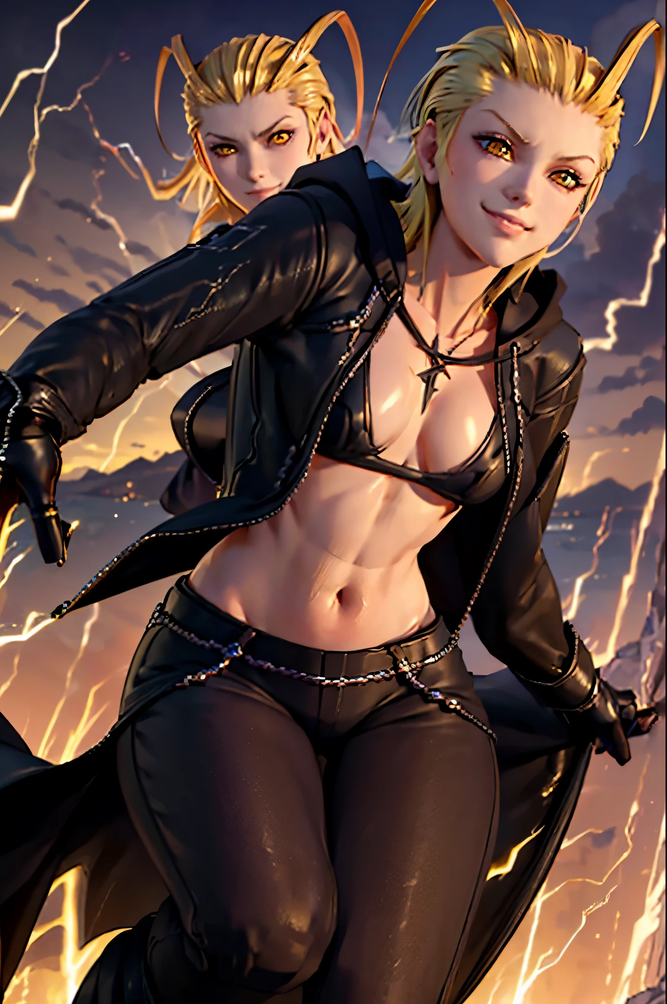 (masterpiece), (best quality), (highres), detailed eyes, Larxene, 1girl, yellow eyes, smiling, smug, posing, (lightning), black coat, jewelry, zipper, black pants, black gloves, hood down, gorgeous view, looking at camera, close up