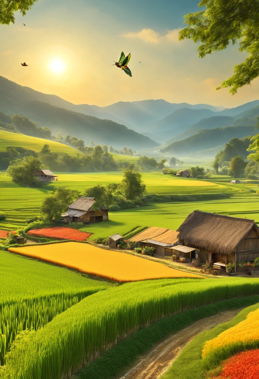 (best quality,4k,8k,high resolution,masterpiece:1.2),Super detailed,(actual,photoactual,photo-actual:1.37),paddy,rural area,rural scenery,spring landscape,beautiful sunset,bright colors,Fresh greenery,farmland,bumper harvest,peaceful atmosphere,Sparkling water reflection,serene rural area view,blooming flowers,natural beauty,sun kissed fields,breeze,mountains in the distance,Farmer work,quiet rural area village,traditional farming methods,happy farm animals,peaceful environment,simple life,Warm scene,Abundant nature,fresh air,freshly plowed soil,idyllic rural area,Soothing sounds of nature,Attractive path through fields,rich cultural heritage,Carefully cultivated fields,dense vegetation,majestic trees,singing birds,buzzing insect,The happy chirping of crickets,Rustic charm,joyful laughter,smiley face,substantial harvest,The joy of working outdoors,Pure and peaceful atmosphere.