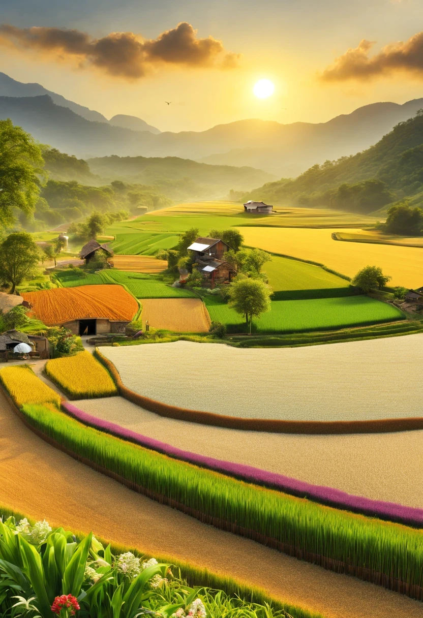 (best quality,4k,8k,high resolution,masterpiece:1.2),Super detailed,(actual,photoactual,photo-actual:1.37),paddy,rural area,rural scenery,spring landscape,beautiful sunset,bright colors,Fresh greenery,farmland,bumper harvest,peaceful atmosphere,Sparkling water reflection,serene rural area view,blooming flowers,natural beauty,sun kissed fields,breeze,mountains in the distance,Farmer work,quiet rural area village,traditional farming methods,happy farm animals,peaceful environment,simple life,Warm scene,Abundant nature,fresh air,freshly plowed soil,idyllic rural area,Soothing sounds of nature,Attractive path through fields,rich cultural heritage,Carefully cultivated fields,dense vegetation,majestic trees,singing birds,buzzing insect,The happy chirping of crickets,Rustic charm,joyful laughter,smiley face,substantial harvest,The joy of working outdoors,Pure and peaceful atmosphere.