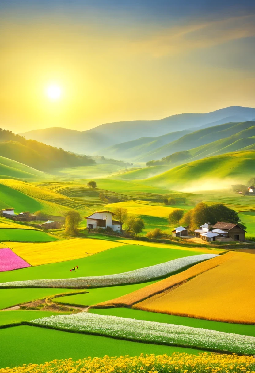 nature, peaceful, Beautiful scenery, spring season, golden sunshine, green fields, blooming flowers, breeze, farmland, rural area, peaceful, idyllic, rural area, fresh air, clear sky, Birdsong, agricultural activities, traditional farming methods, peaceful atmosphere, rolling hills, Fertile soil, rural landscape