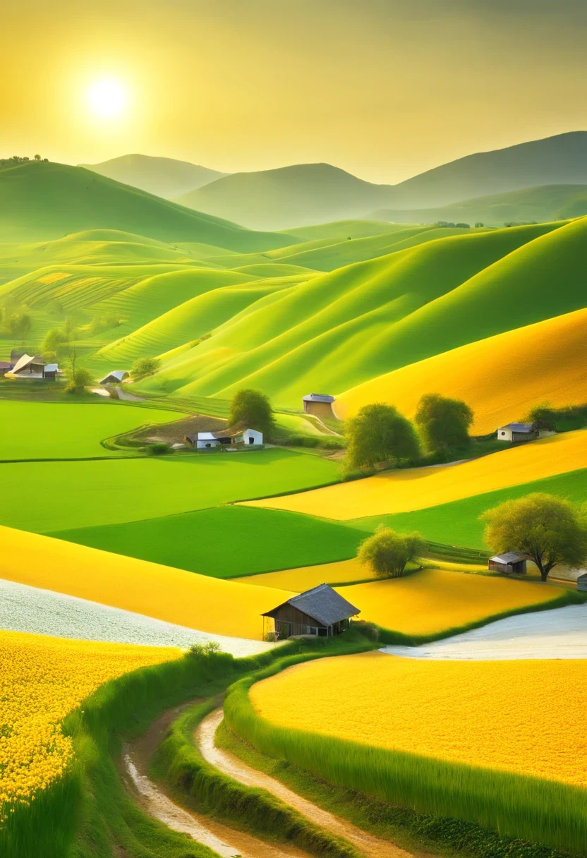 nature, peaceful, Beautiful scenery, spring season, golden sunshine, green fields, blooming flowers, breeze, farmland, rural area, peaceful, idyllic, rural area, fresh air, clear sky, Birdsong, agricultural activities, traditional farming methods, peaceful atmosphere, rolling hills, Fertile soil, rural landscape