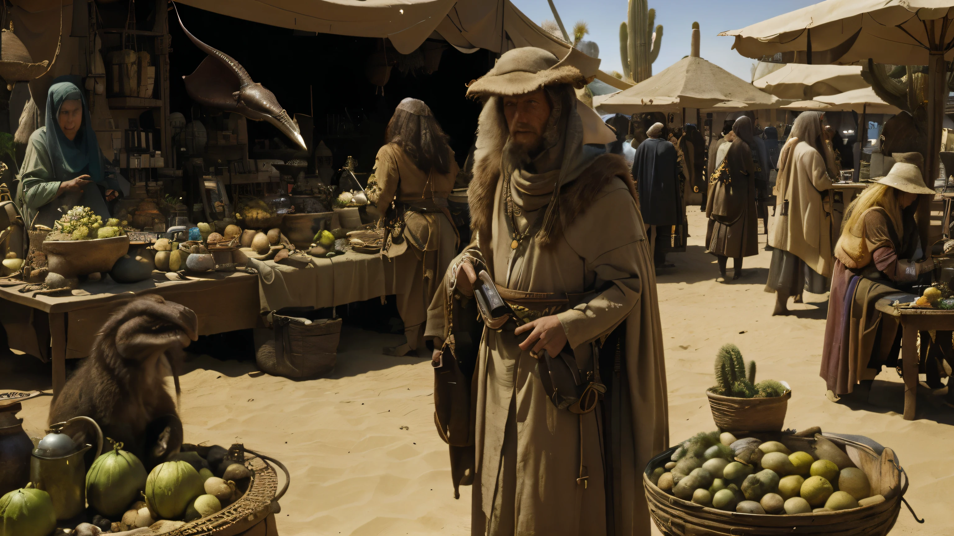 Realistic National Geographic photograph of an ancient, otherworldly terrestrial scene of a pilgrim market for exotic goods from a desert planet, repleto de todos os tipos de criaturas bestiais intrigantes, realistic and strange and exotic humans with clothes that combine the styles of Moebius and Hieronymus Bosch
