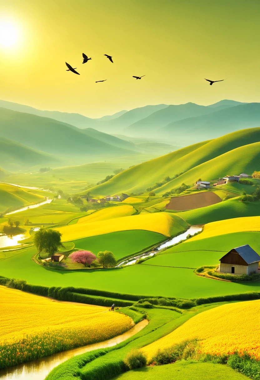 nature, peaceful, Beautiful scenery, spring season, golden sunshine, green fields, blooming flowers, breeze, farmland, rural area, peaceful, idyllic, rural area, fresh air, clear sky, Birdsong, agricultural activities, traditional farming methods, peaceful atmosphere, rolling hills, Fertile soil, rural landscape