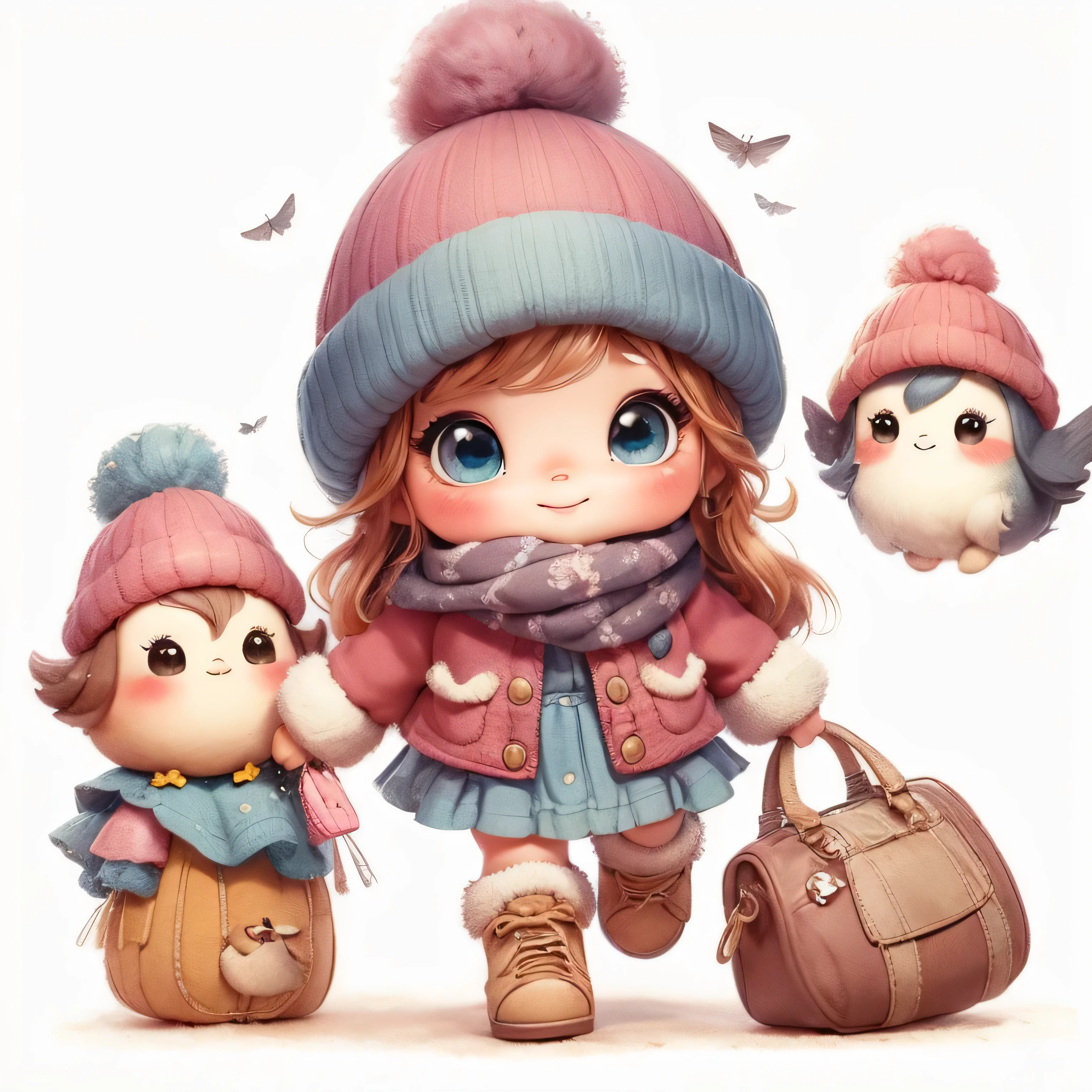 Create a series of cute chibi dolls with a cute forest theme, sorridente e fofa, each with lots of detail and in 8K resolution. All puppets must follow the same solid background pattern and be complete in the image, mostrando o (corpo inteiro, incluindo as pernas: 1.5)
Boneca fada: Chama-a de Bella. Ela deve ter cabelo longo e cacheado em tons castanho e preto. Seus olhos devem ser grandes e brilhantes, with long eyelashes and rosy cheeks. Bella should have been dressed in a country style jumpsuit, delicado, florido e detalhado. She should wear a hat and no accessories on her hands, deixando elas sem nada. vestir'don't forget the details, com detalhes coloridos e enfeites encantadores, sapato bonito
Certifique-se de adicionar sombras, texturas e detalhes nos cabelos, roupas de cada boneca, to make them even more adorable and charming.