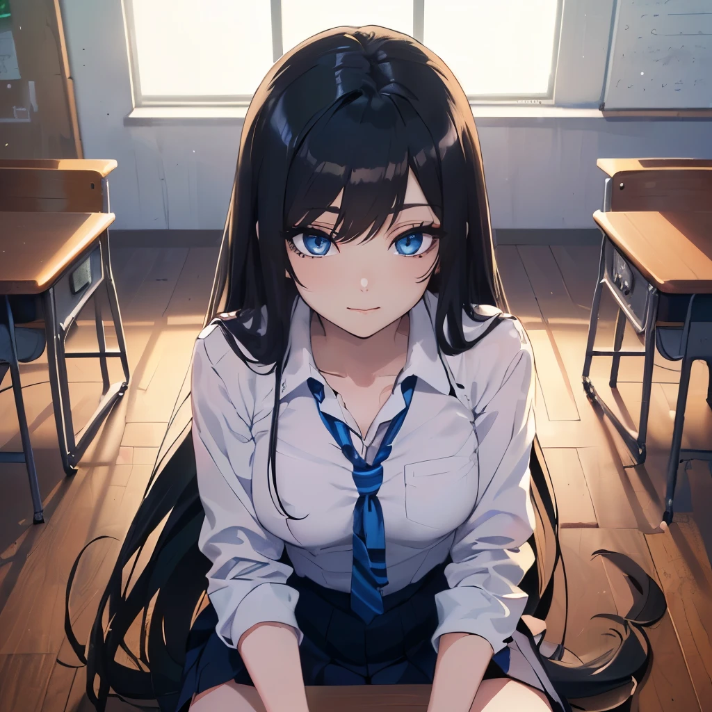 (best quality)), ((1woman:1.5)), ((woman with fair skin) ((black hair)) (dark blue eyes)). ((woman with a beautiful, attractive face)) ((has fair skin, black hair and blue eyes)) ((has a beautiful face, with strong, defined features)) ((human)). Woman ((detailed eyes)) ((detailed face)) anime portrait, anime, beautiful anime woman, high quality anime art style. ((Powerful and confident woman)) Best quality, high quality, anime woman. anime style4K, anime rendering, anime style, 8K, beautiful anime face), ((best quality)) ((Extremely detailed)) ((detailed face)) ((detailed eyes)) ((inside the classroom)) ((Confident woman) ((detailed blue eyes)), ((Long hair:1.5)), ((Scenario in a school)) ((((1.5 full body screen)) ((Bad girl)) ((She is sitting on a table)) ((She is not wearing a school uniform.)