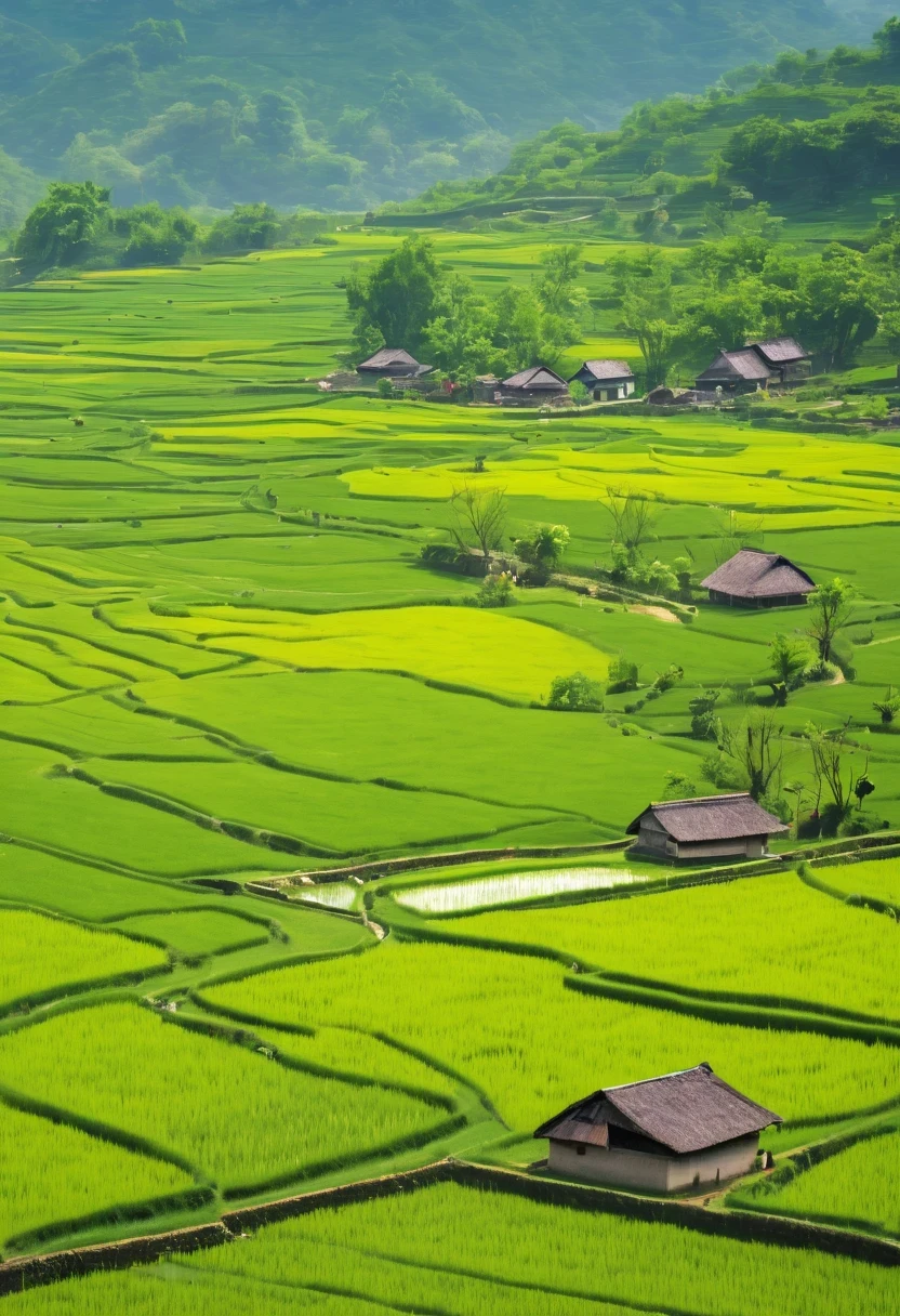 paddy，rural area，Pastoral scenery，spring landscape