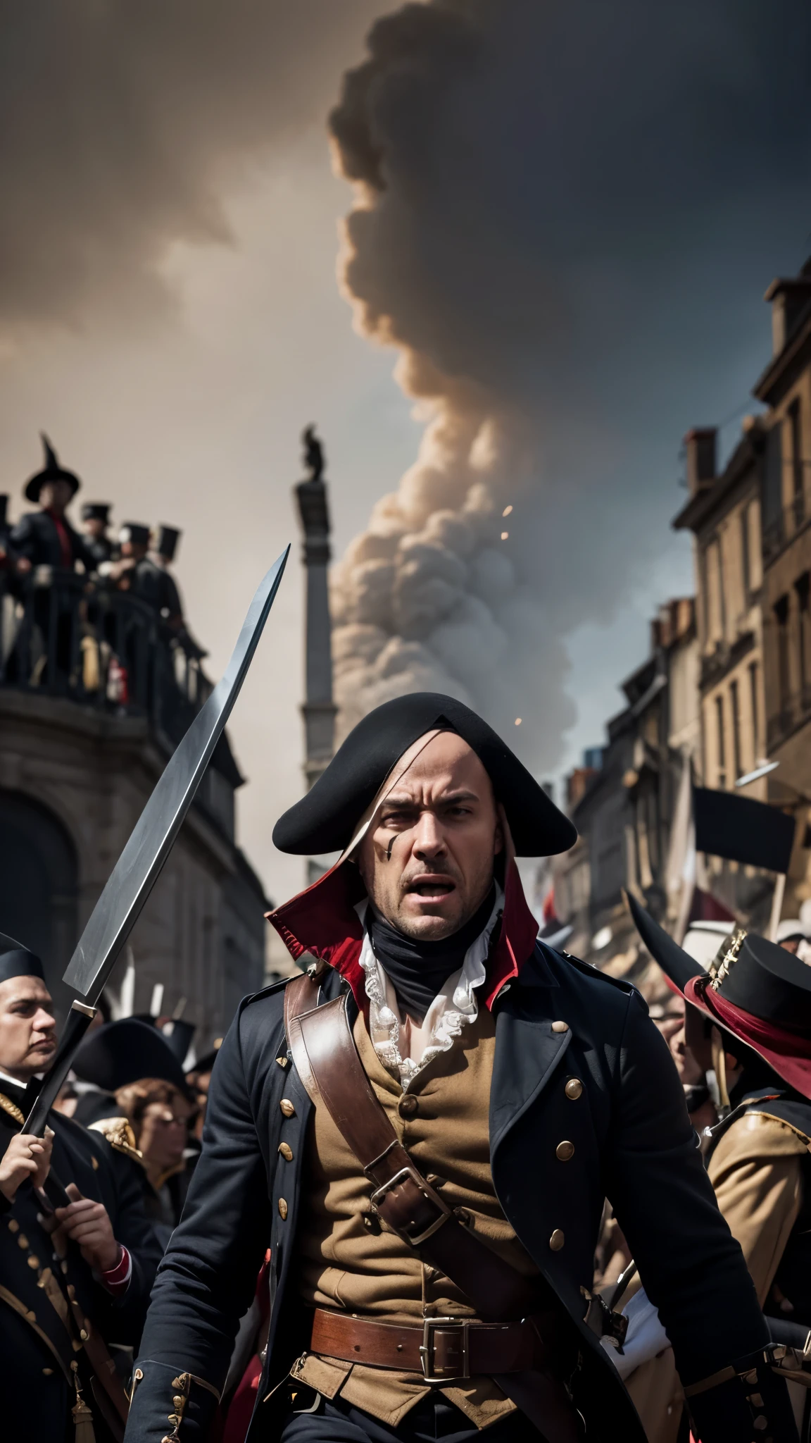 Create an image capturing the terror of the French Revolution with the guillotine, the blade falling swiftly on the victim's head. hyper-realistic 8k photo-realistic 